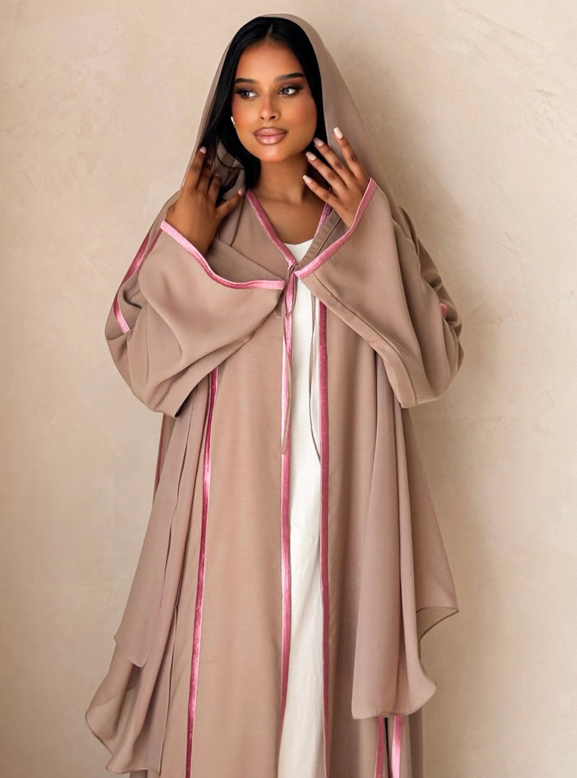 MEI737 - Dark Beige A-Cut Abaya with Pink Embroidery & Matching Headscarf
