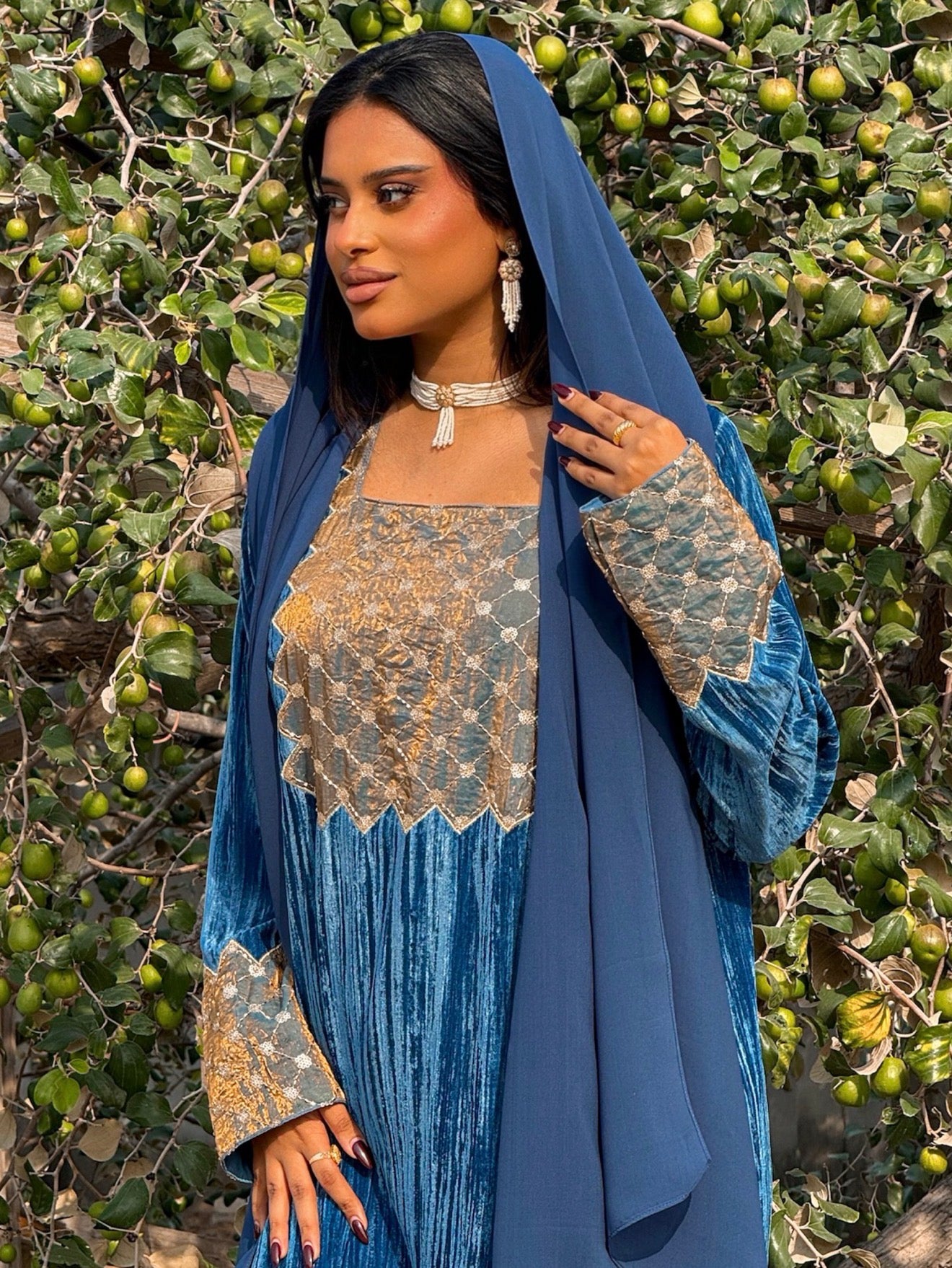 MEI670 - Blue Velvet & Embroidered Silk Jalabiya with Headscarf