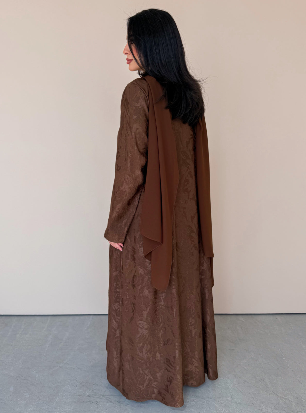 MEI771 - Jacquard A-Cut Abaya in Brown with Matching Headscarf