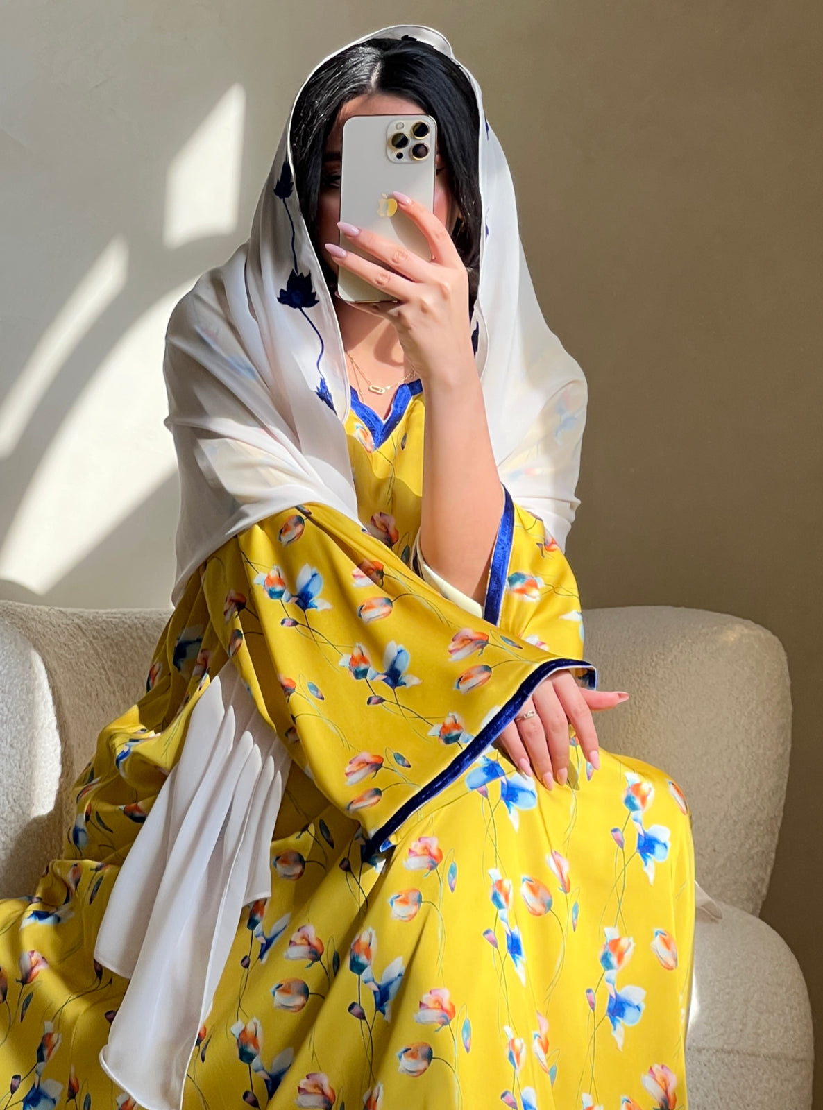 MEI520 - Grace in Yellow Bloom / Floral Embroidered Jalabiya and Shaila