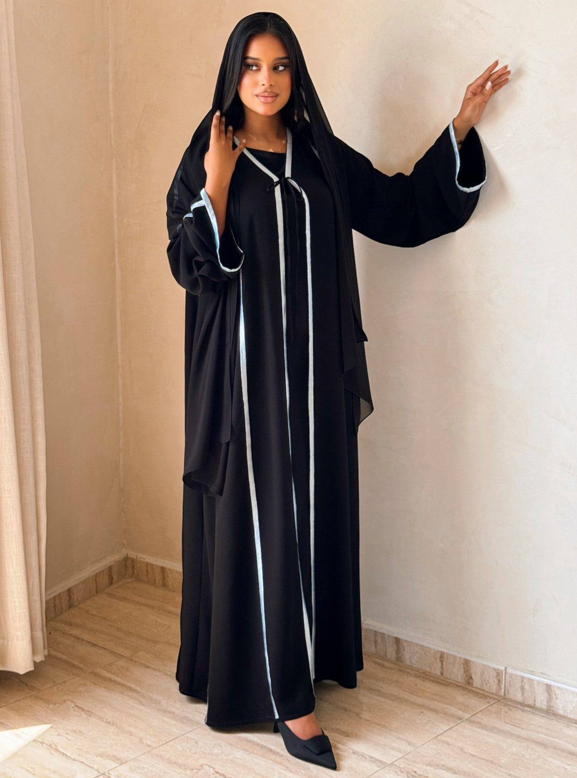 MEI733 - Black A-Cut Abaya with Light Blue Embroidery & Matching Headscarf