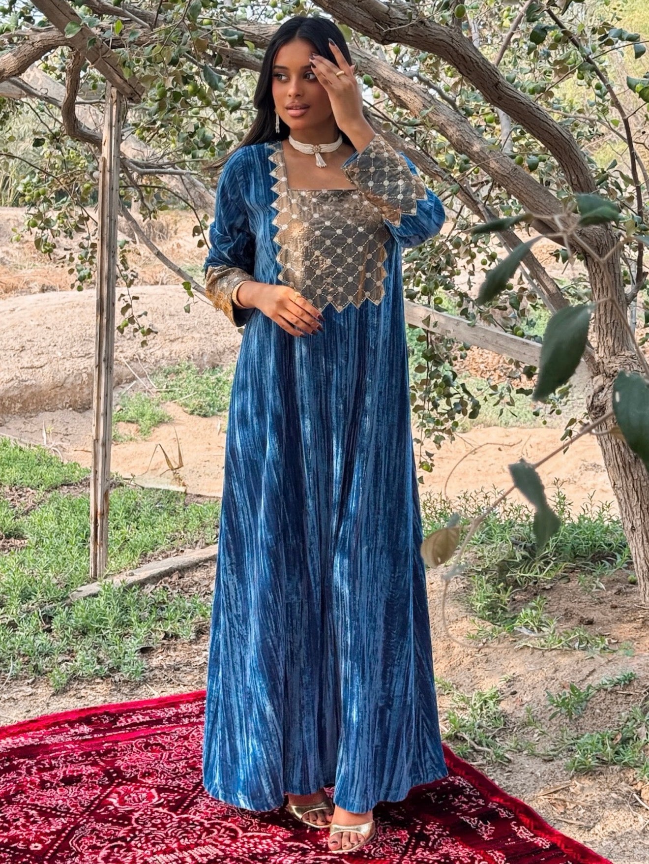 MEI670 - Blue Velvet & Embroidered Silk Jalabiya with Headscarf