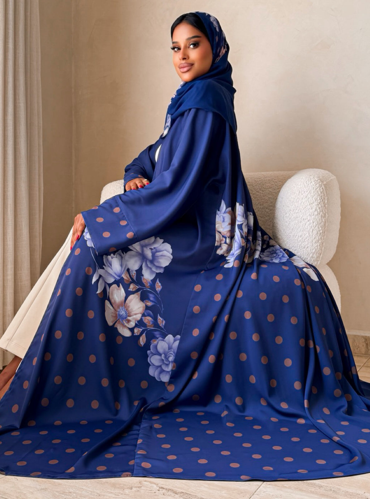 MEI740 - Sapphire Blue Half Bisht Polka Floral Abaya with Matching Headscarf