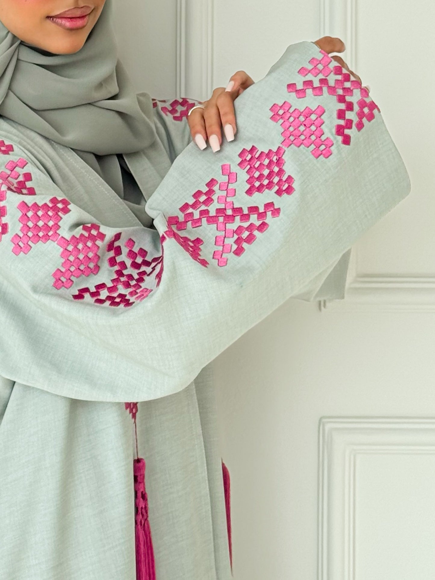MEI623 - Light Green Abaya with Pink Embroidery