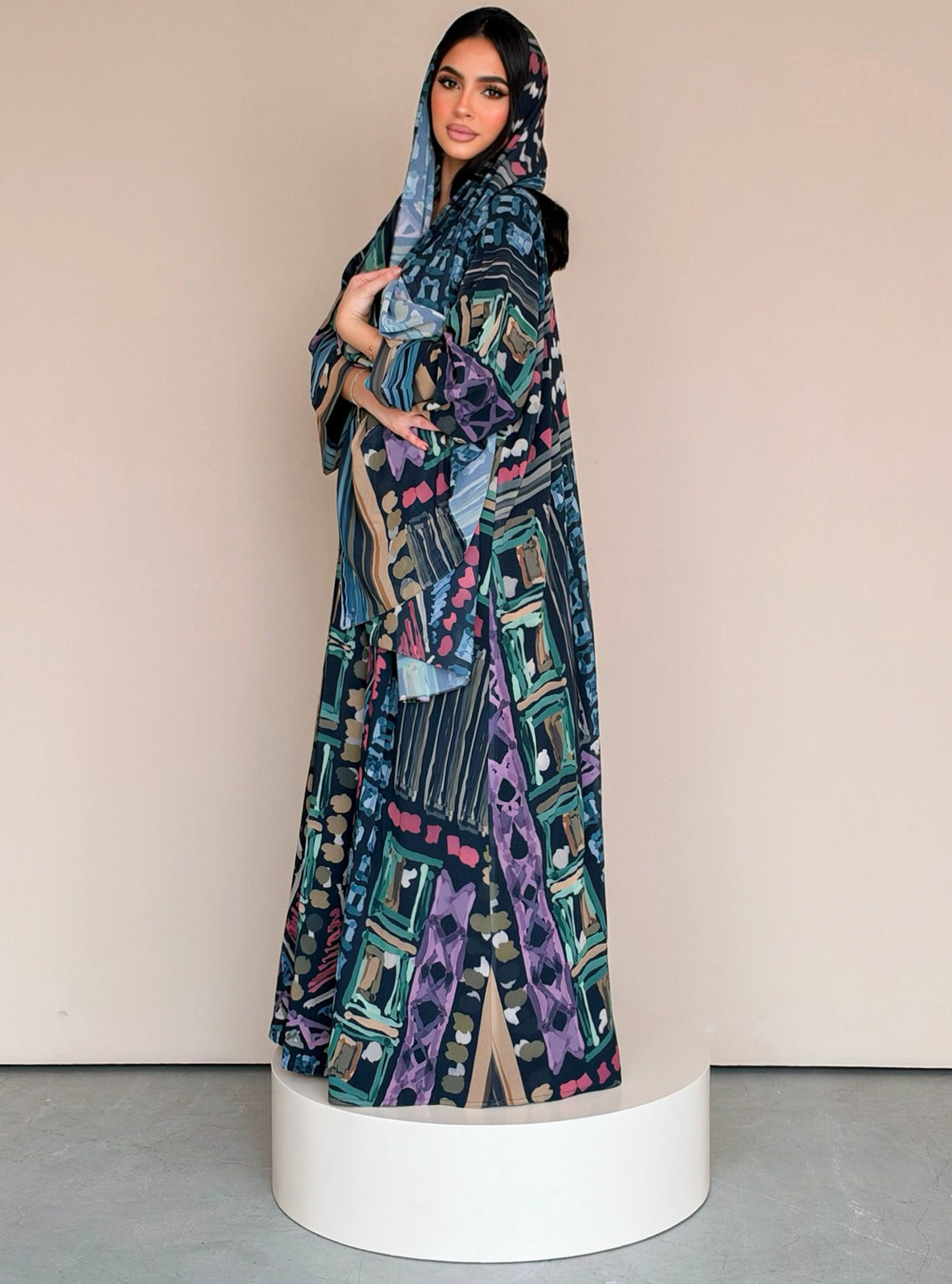 MEI789 - Abstract Geometric Print Half Bisht Abaya with Matching Headscarf