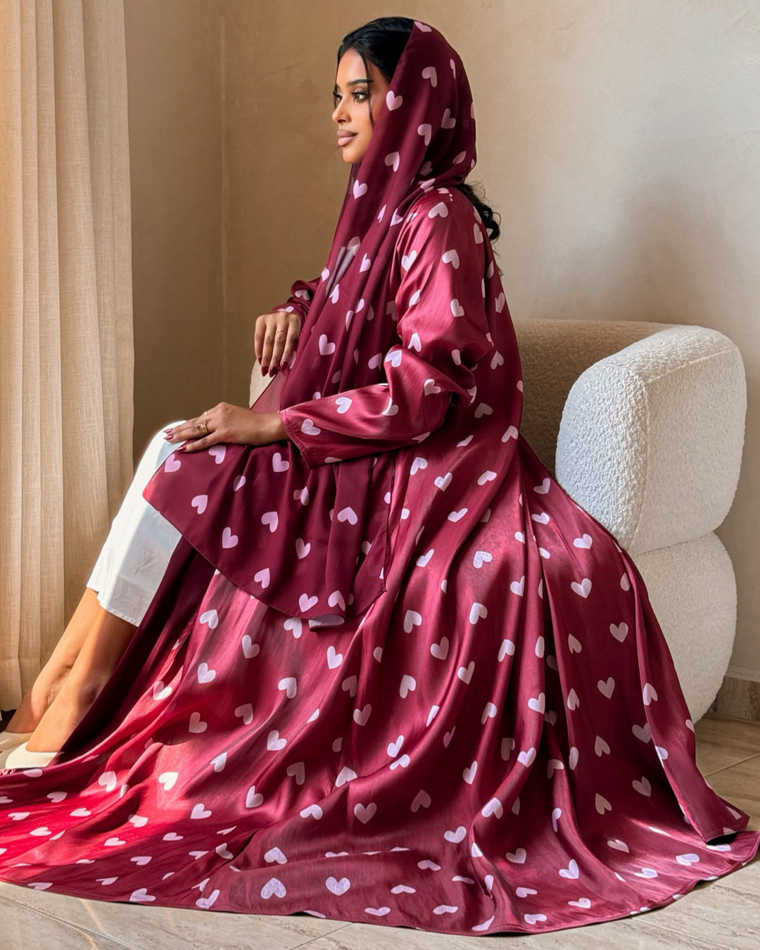 MEI721 - Maroon & Pink Hearts Organza Abaya ♥️🩷