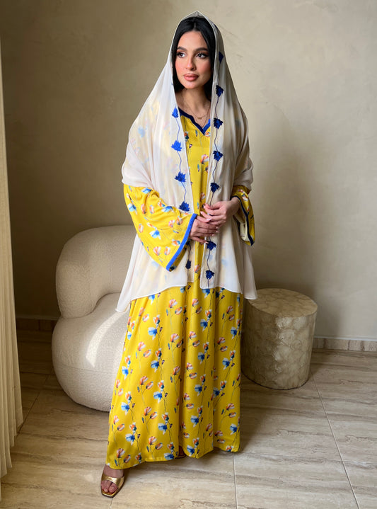 MEI520 - Grace in Yellow Bloom / Floral Embroidered Jalabiya and Shaila