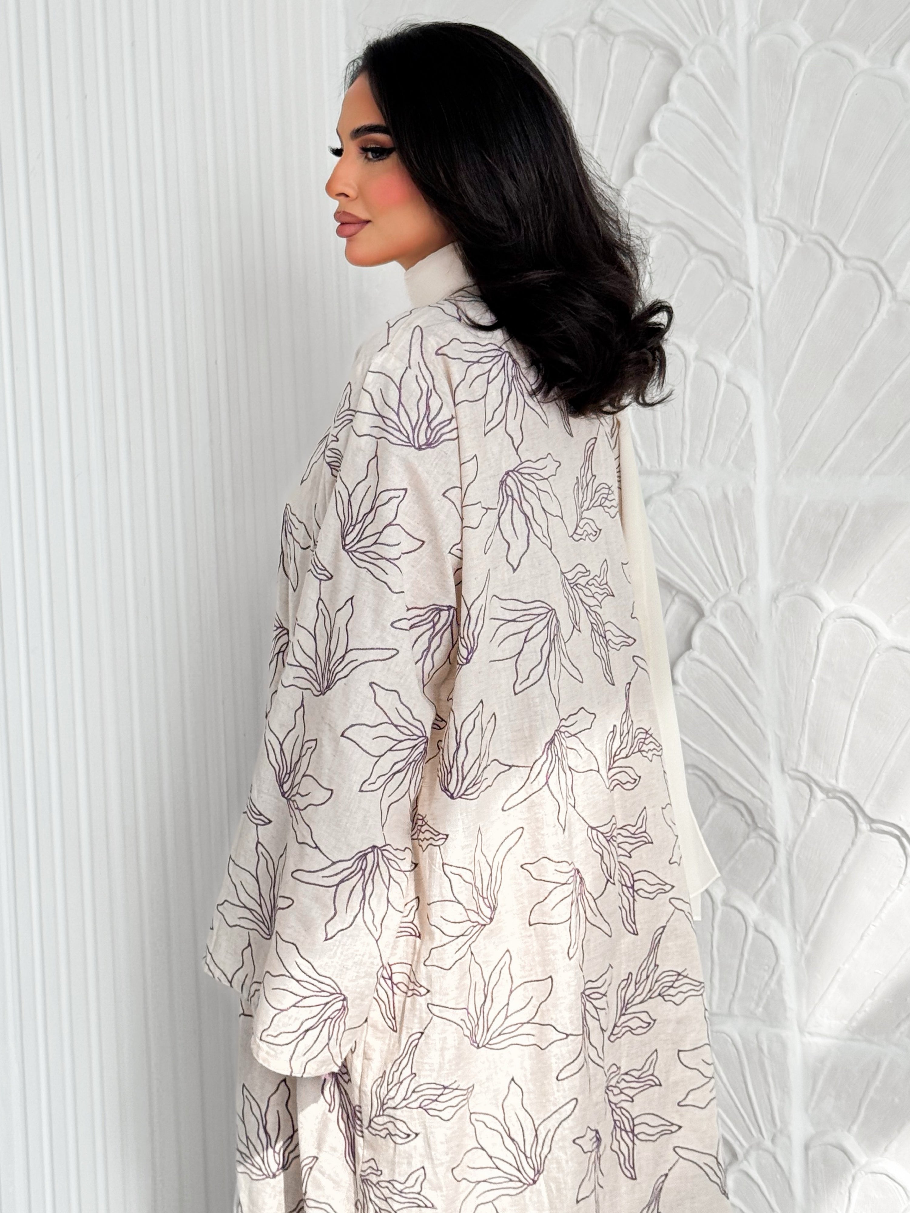 MEI607 - Indian Linen Abaya with Deep Purple Embroidery