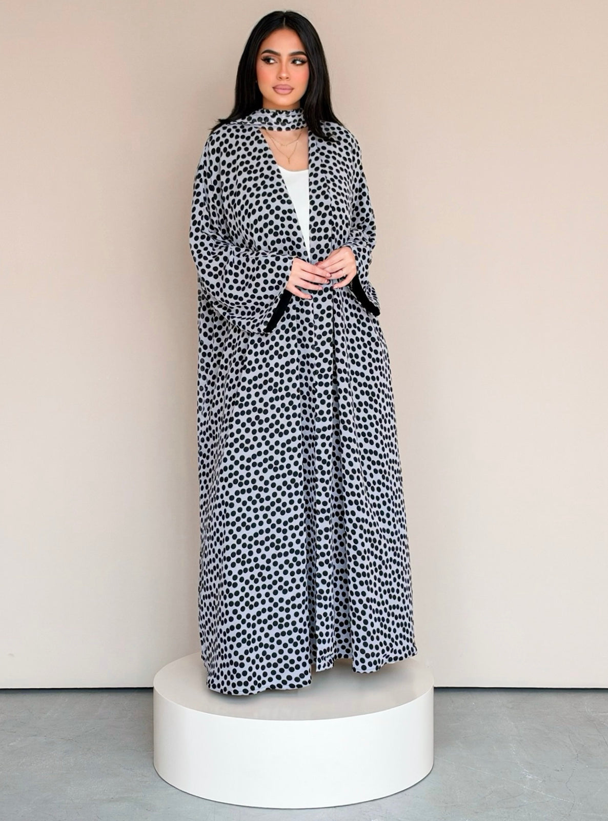 MEI780 - Polka Dots Half Bisht Abaya with Matching Headscarf
