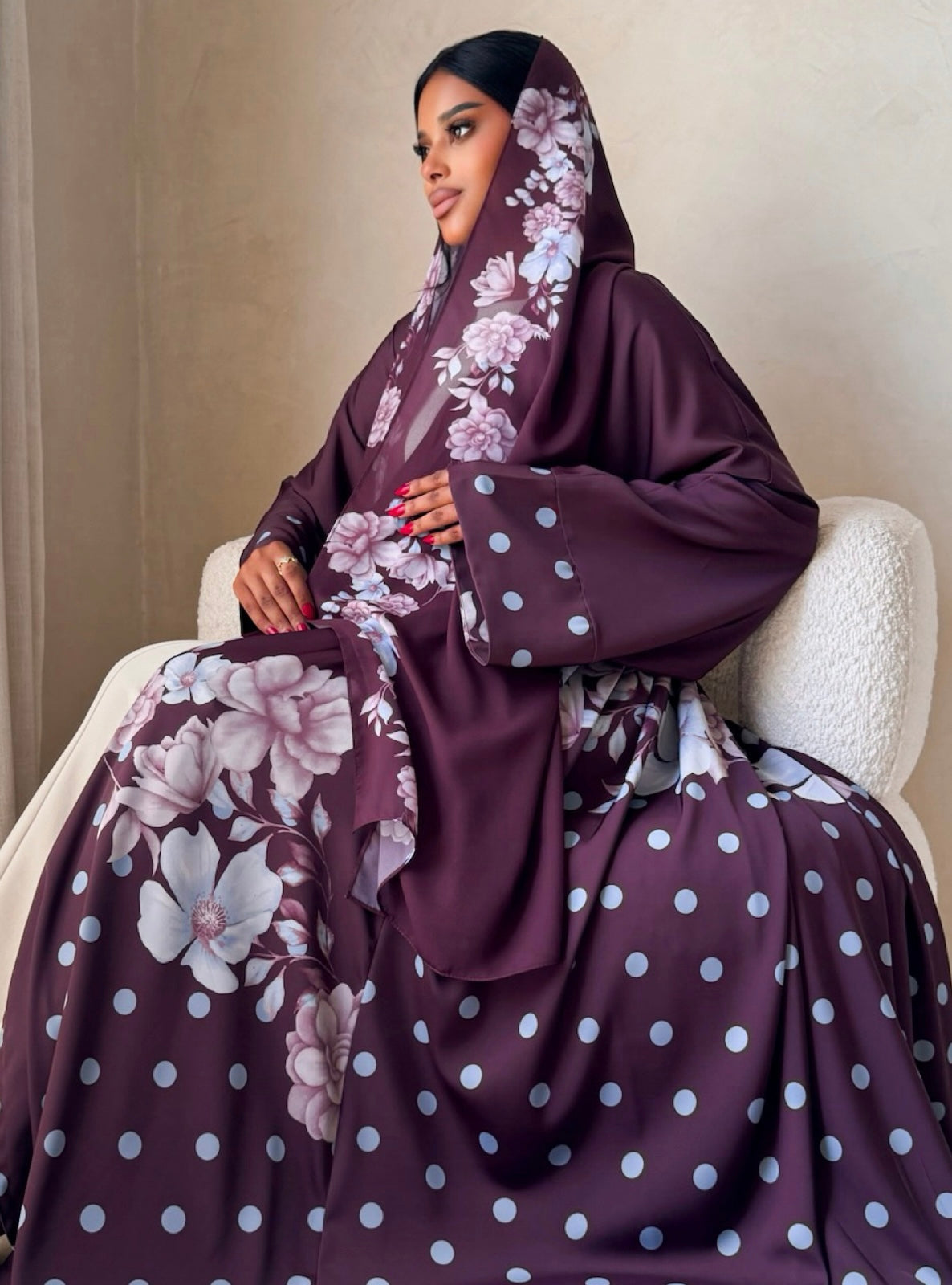 MEI742 - Plum Half Bisht Polka Floral Abaya with Matching Headscarf