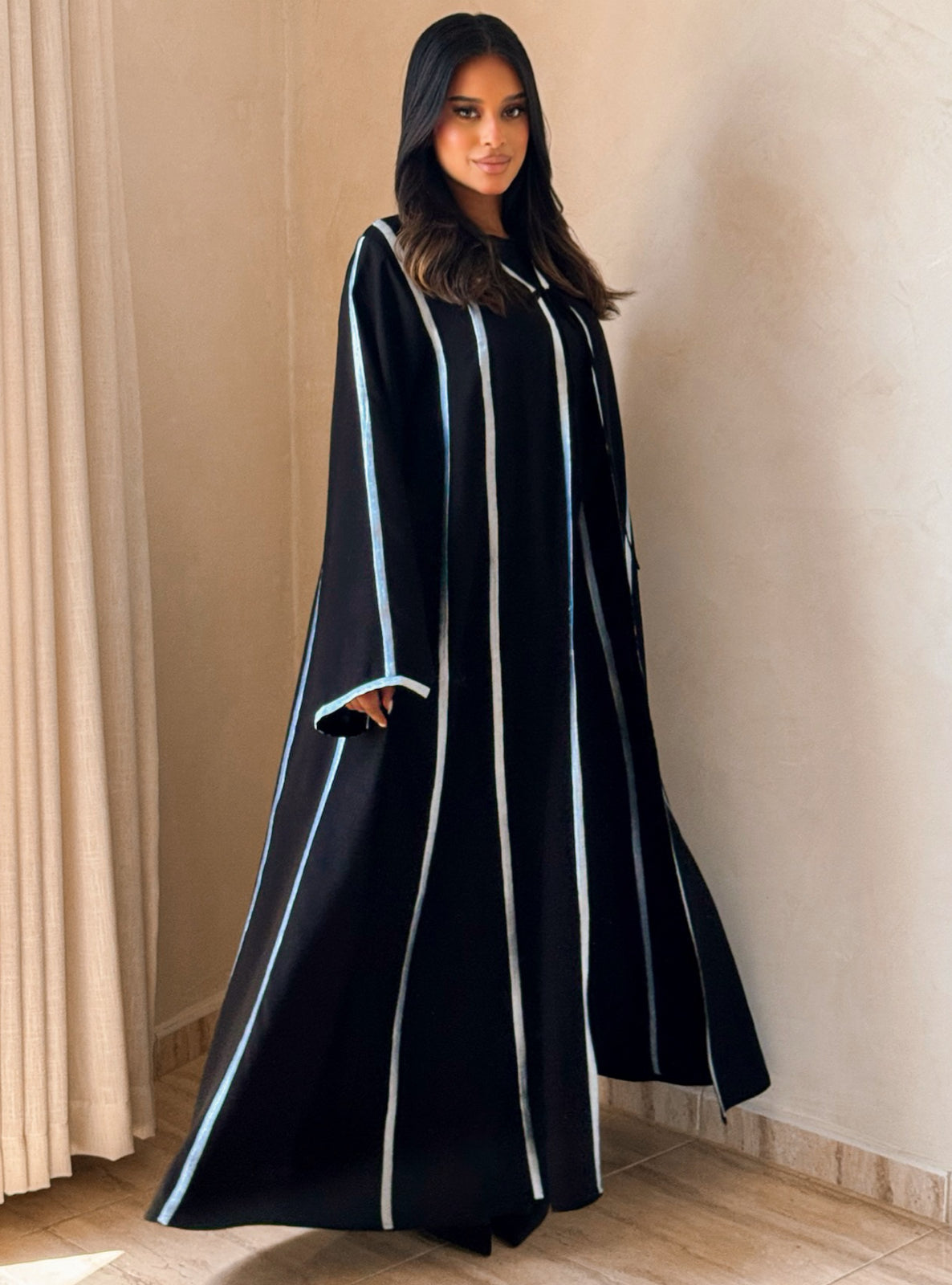 MEI733 - Black A-Cut Abaya with Light Blue Embroidery & Matching Headscarf