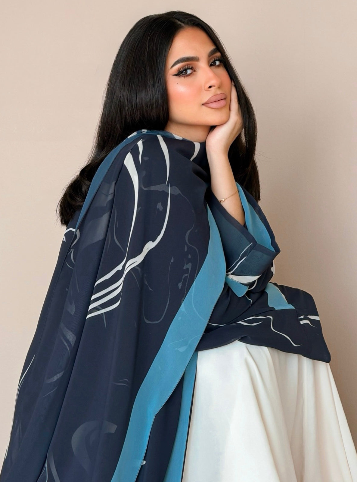 MEI787 - Swirl Print Half Bisht Abaya with Matching Headscarf