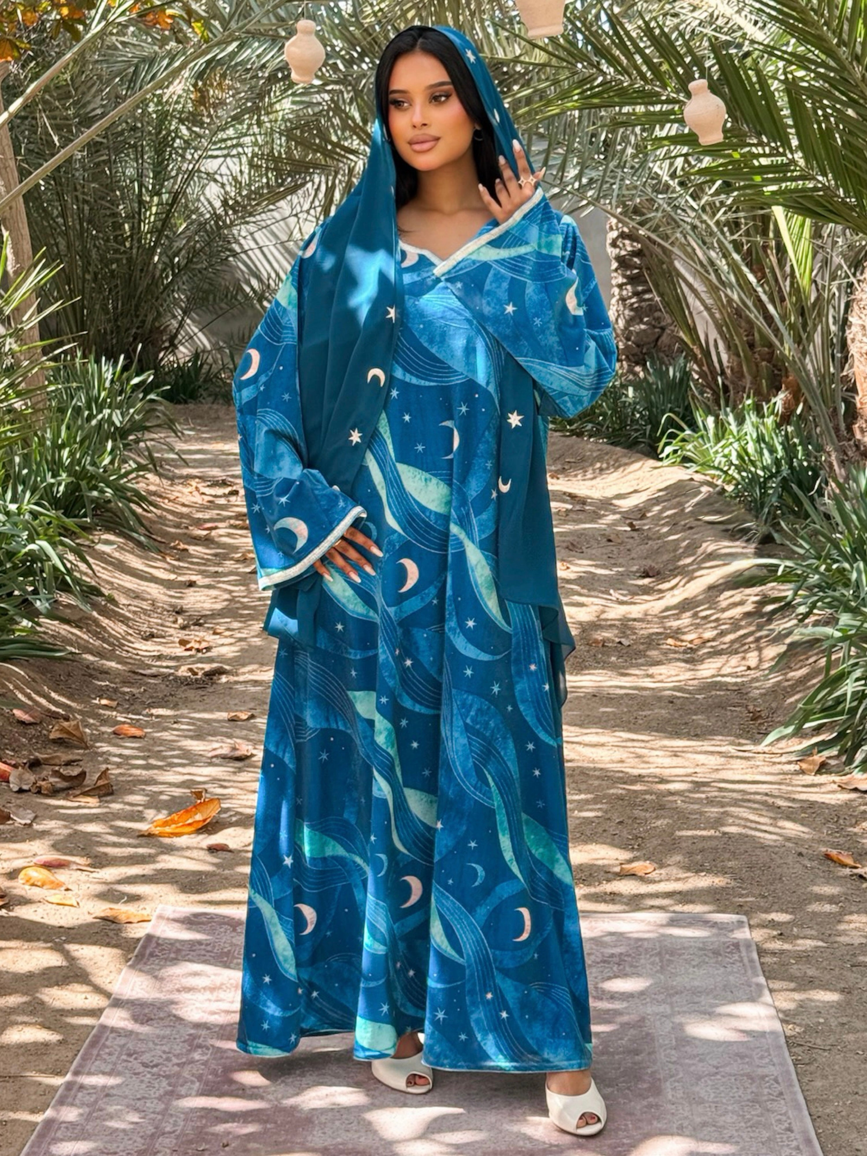 MEI707 - Teal Stars & Moon Embroidered Jalabiya with Headscarf