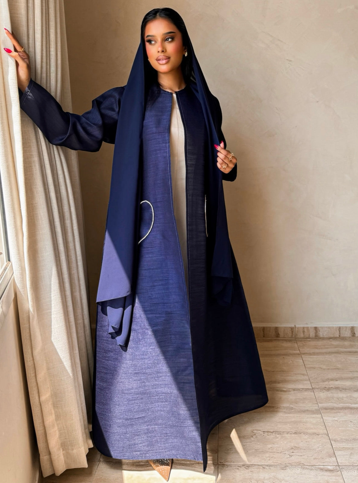 MEI728 - Navy A-Cut Taffeta & Crystals Abaya with Headscarf
