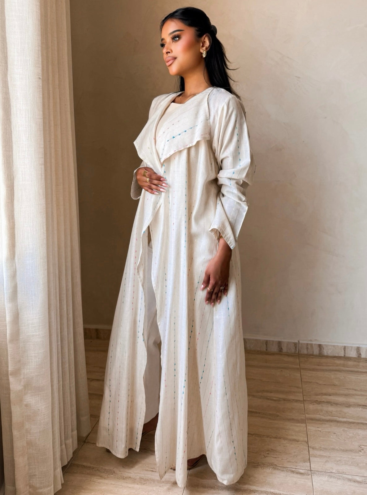 MEI746 - Striped Soft Ivory A-Cut Linen Abaya with Matching Headscarf