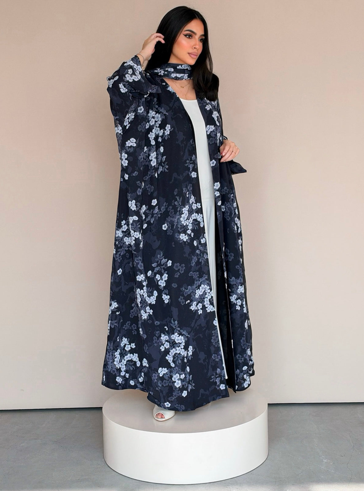 MEI777 - Floral Print Half Bisht Abaya with Matching Headscarf