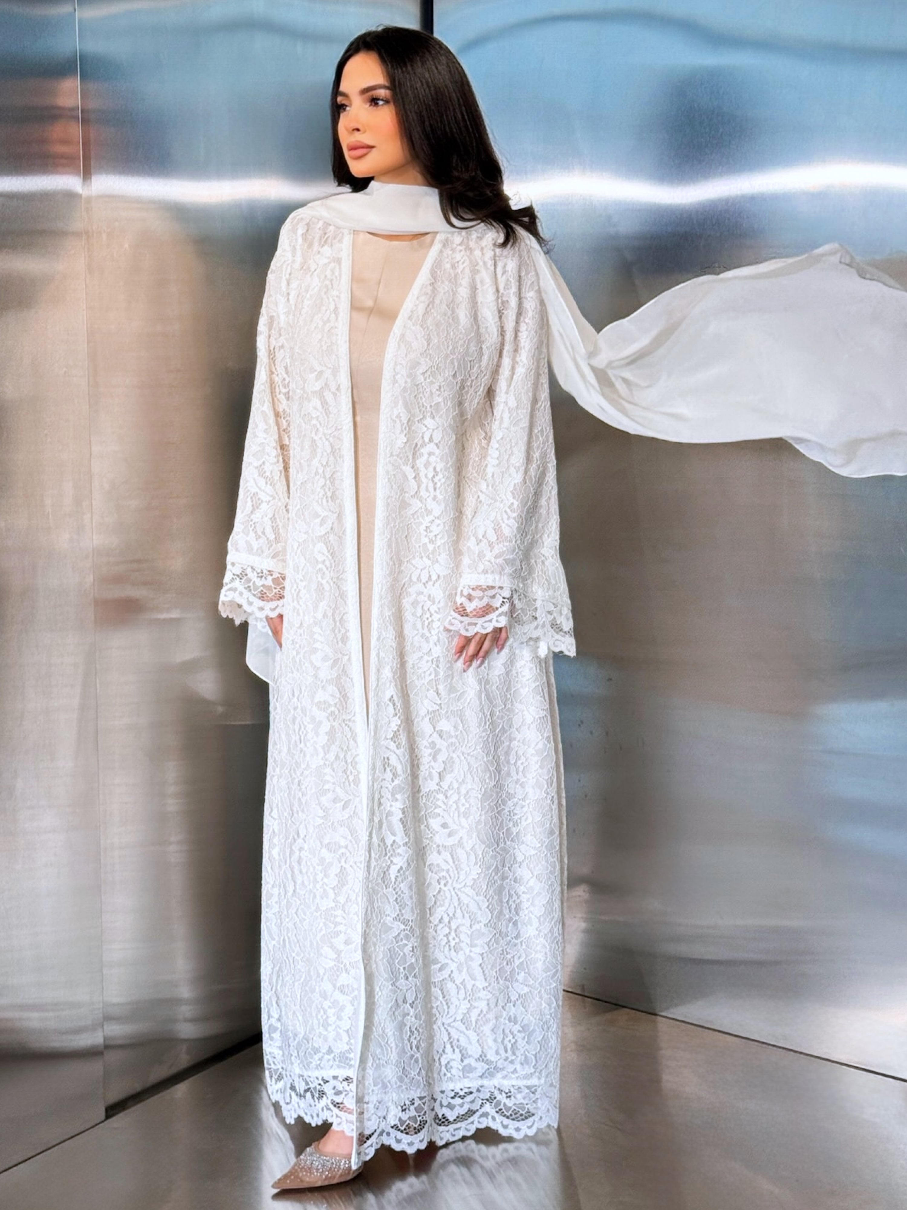 MEI712 - Off White Lace Abaya with Matching Headscarf
