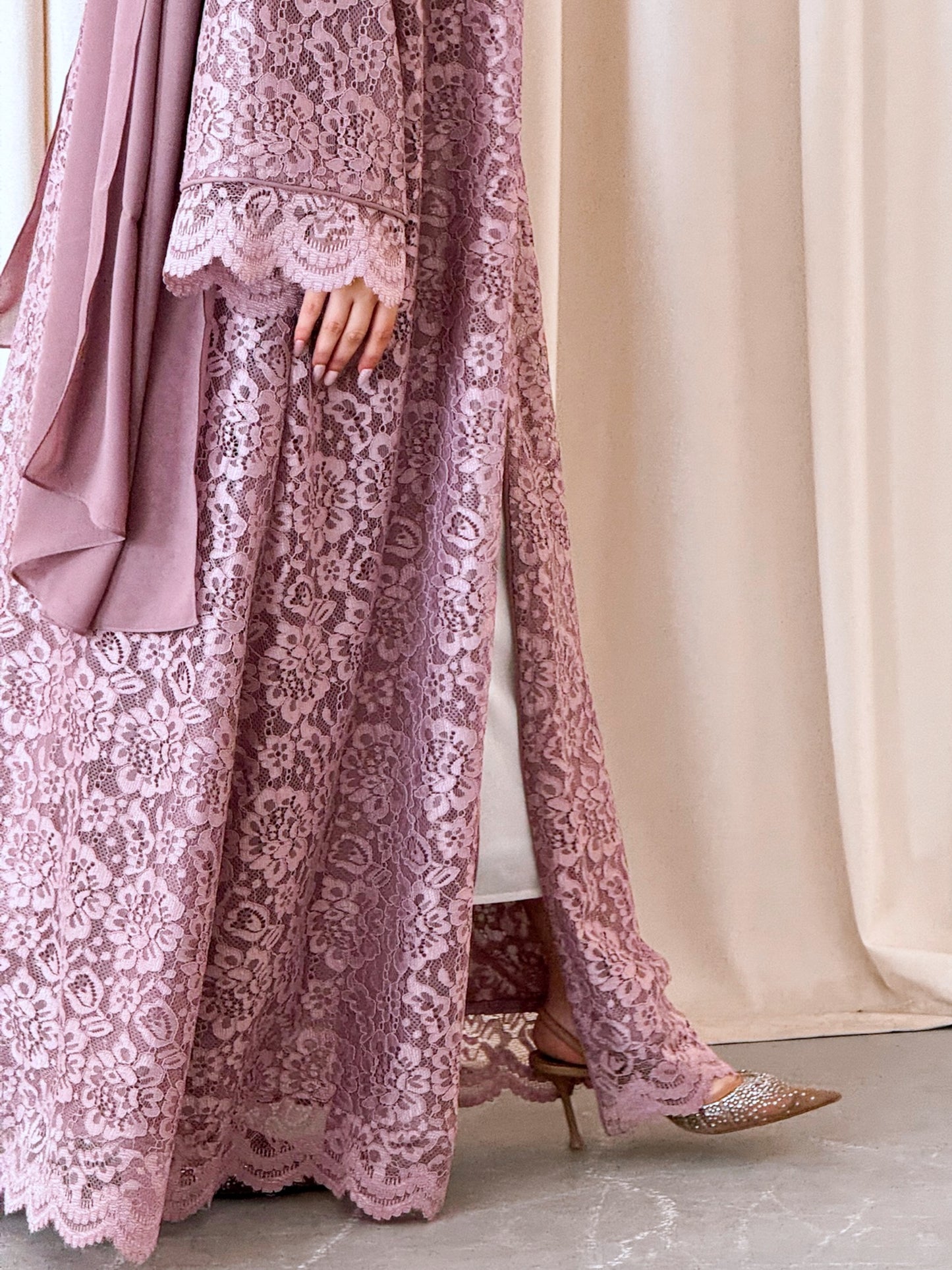 MEI715 - Pink A-Cut Lace Abaya with Matching Headscarf