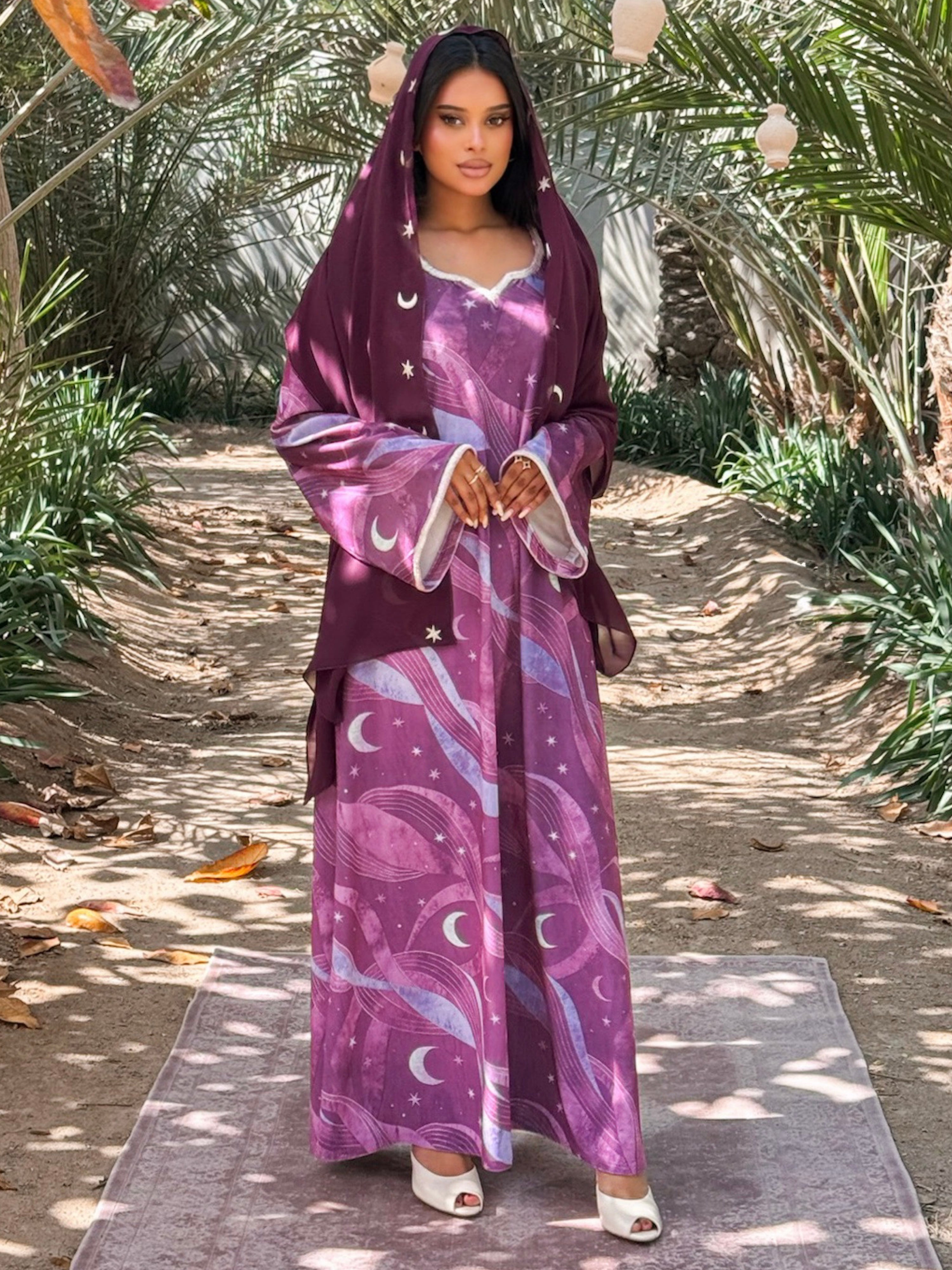MEI710 - Burgundy Stars & Moon Embroidered Jalabiya with Headscarf