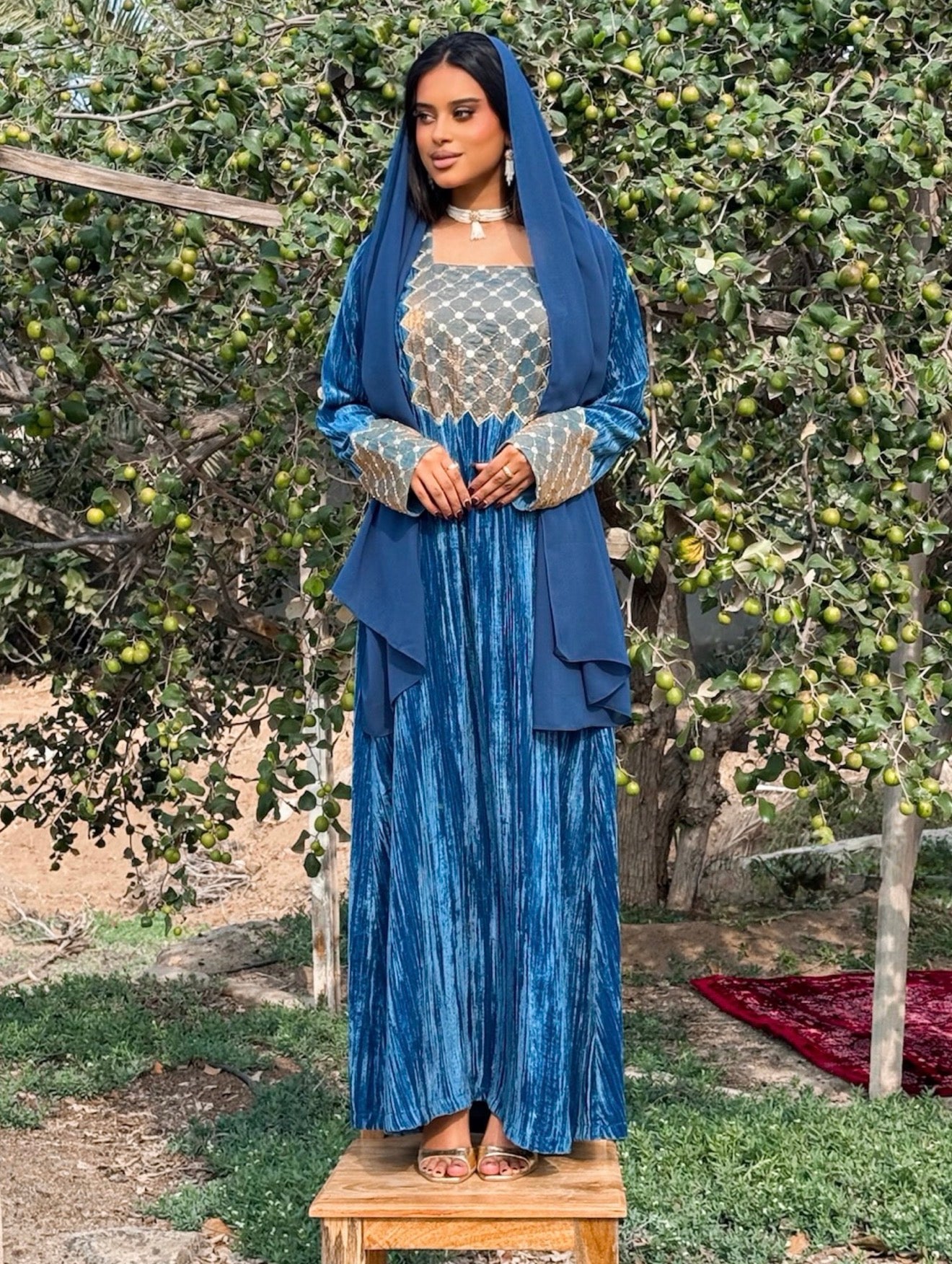 MEI670 - Blue Velvet & Embroidered Silk Jalabiya with Headscarf