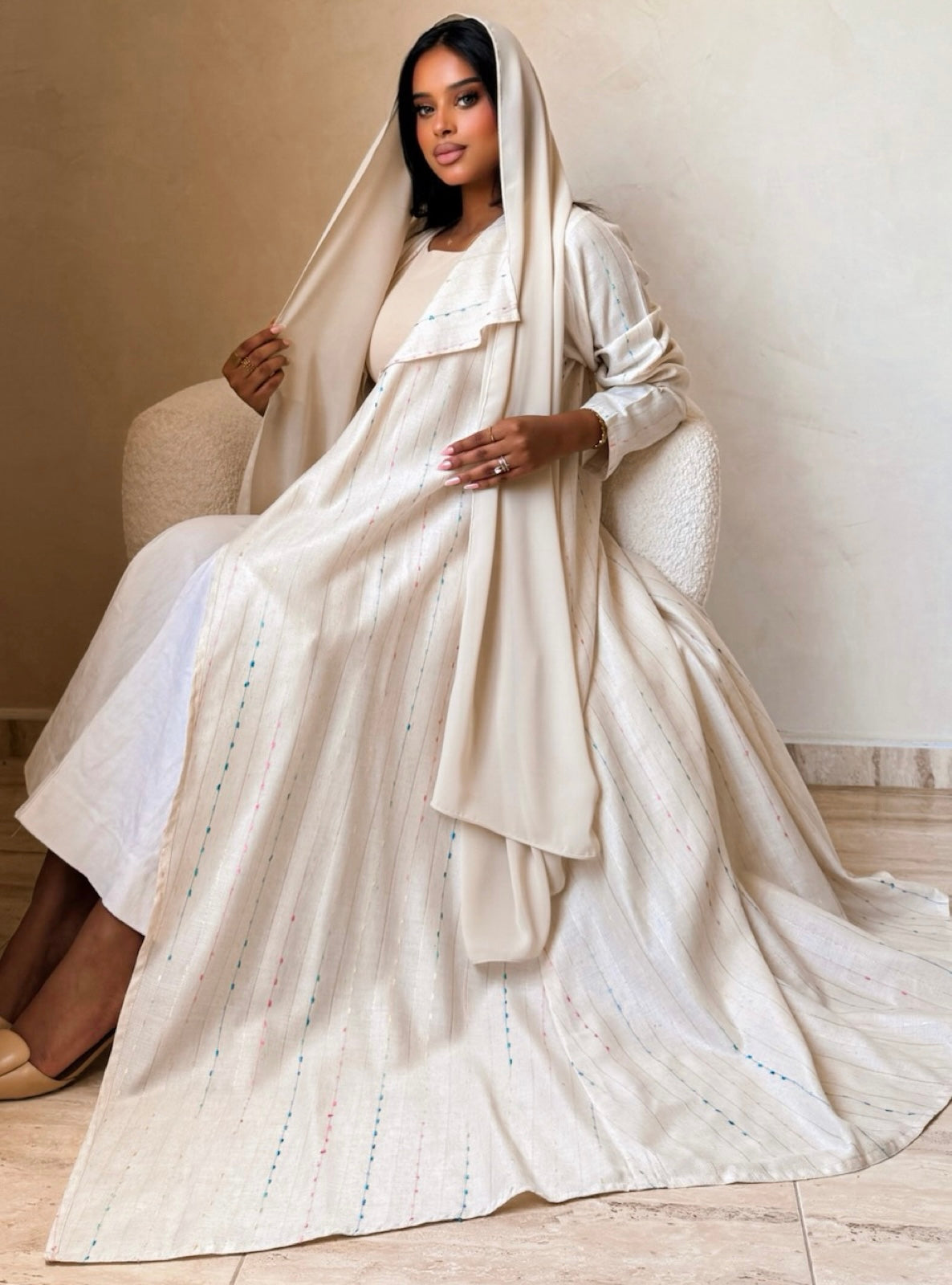 MEI746 - Striped Soft Ivory A-Cut Linen Abaya with Matching Headscarf