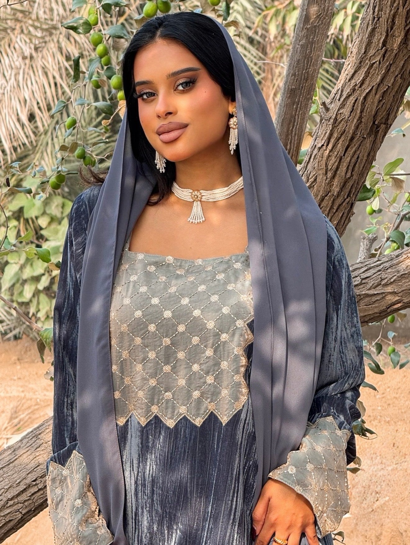 MEI668 - Grey Velvet & Embroidered Silk Jalabiya with Headscarf