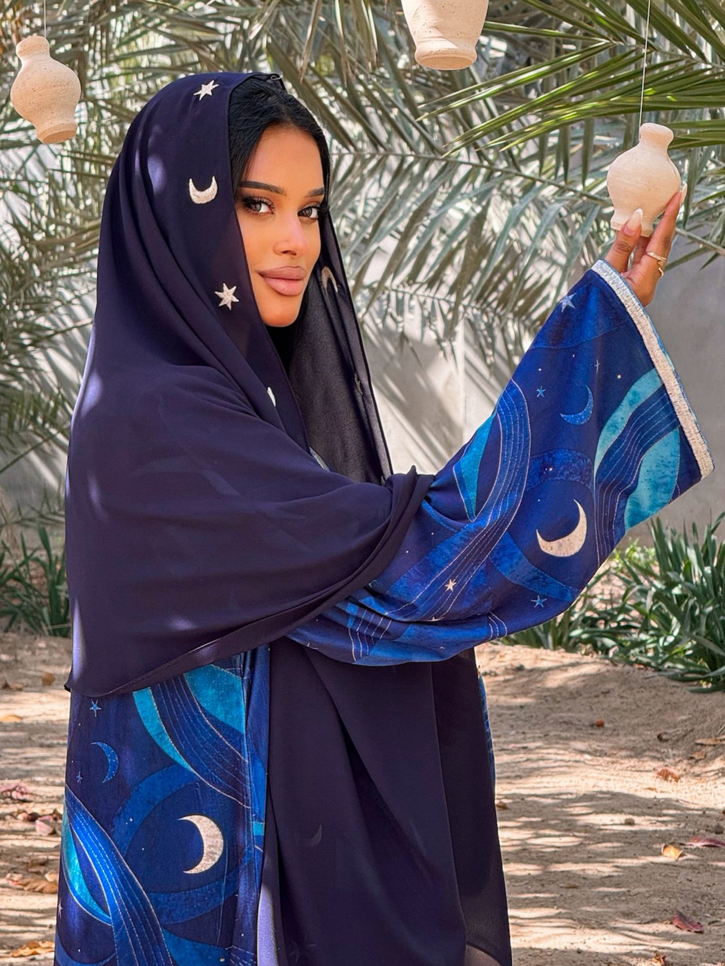 MEI709 - Navy Stars & Moon Embroidered Jalabiya with Headscarf