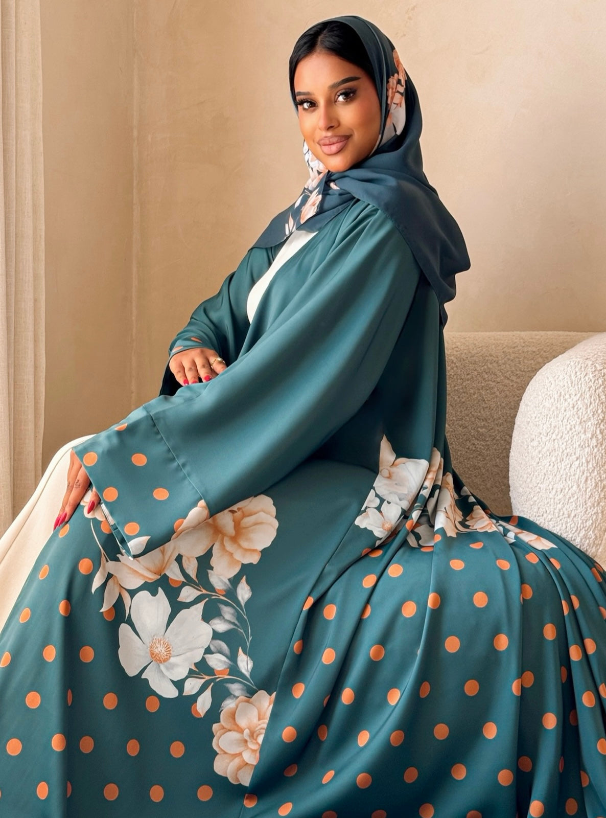 MEI739 - Teal Half Bisht Polka Floral Abaya with Matching Headscarf