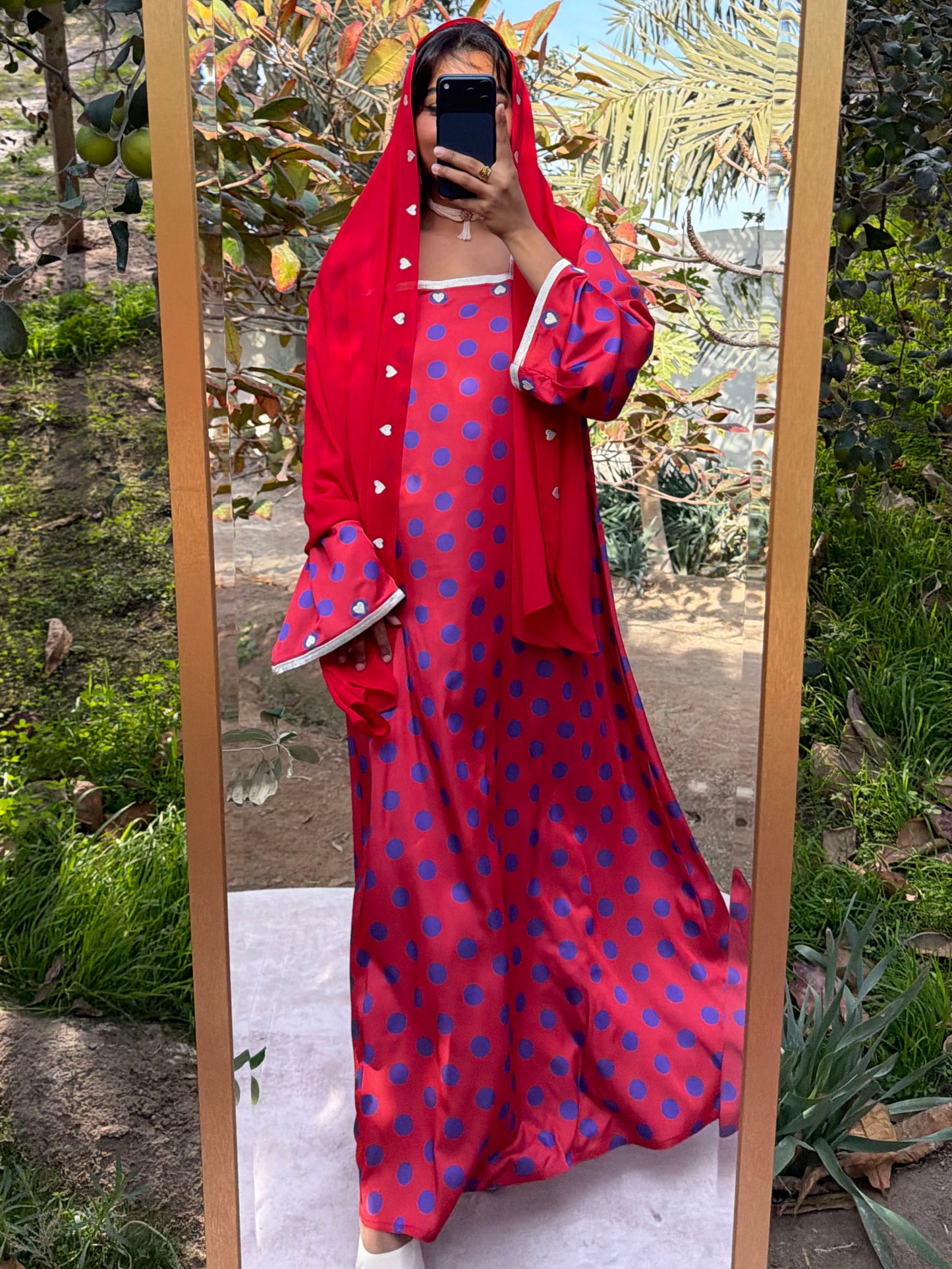 MEI690 - Red/Purple Polka Dots & Hearts Embroidered Jalabiya with Headscarf