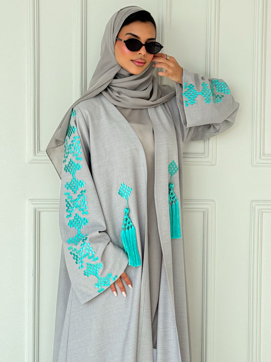 MEI619 - Grey Abaya with Turquoise Embroidery