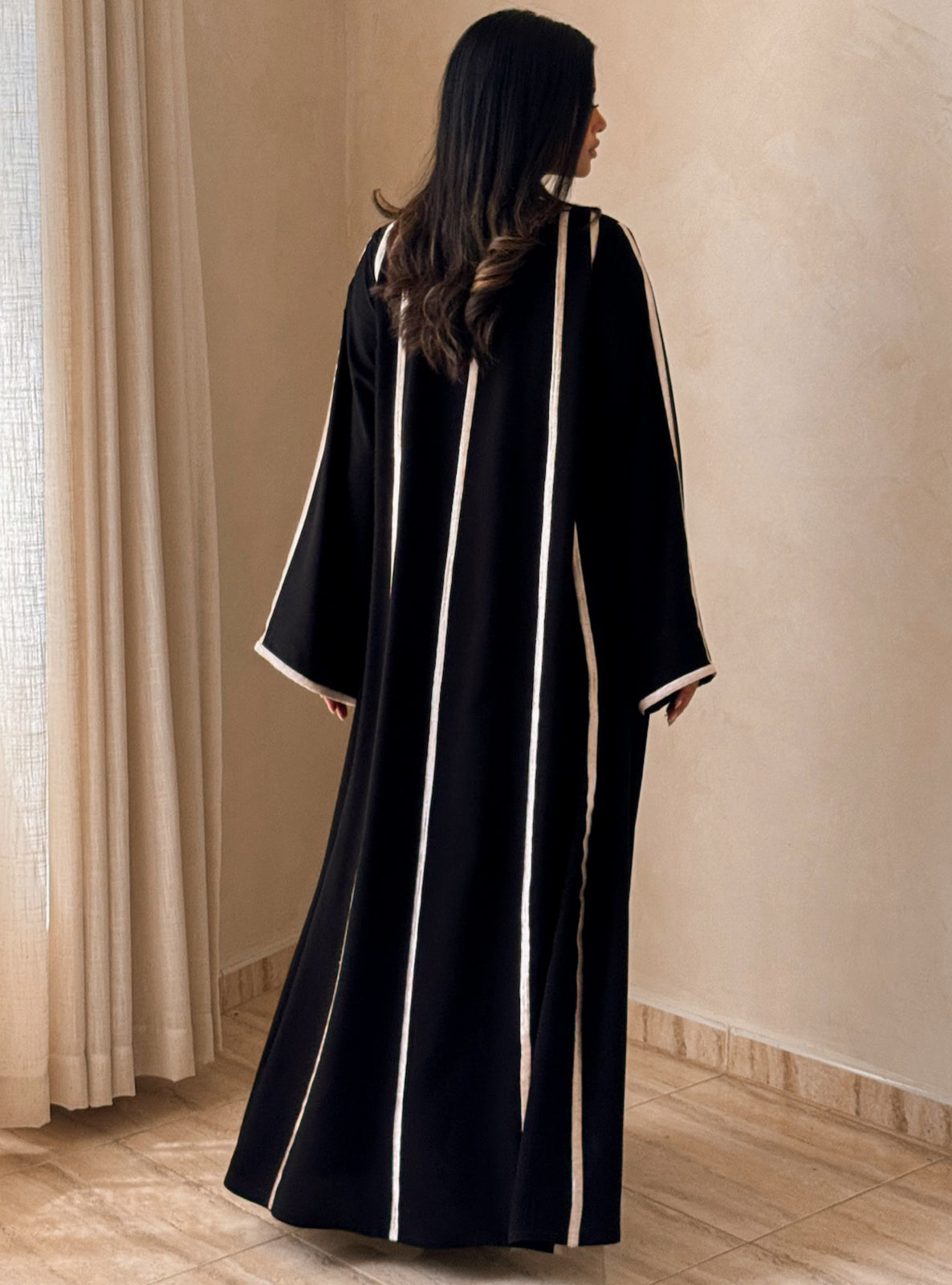 MEI735 - Black A-Cut Abaya with Cream Embroidery & Matching Headscarf