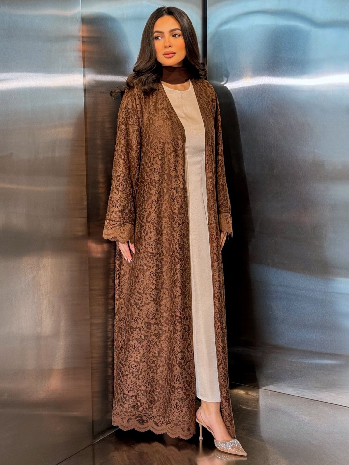 MEI713 - Brown Lace Abaya with Matching Headscarf