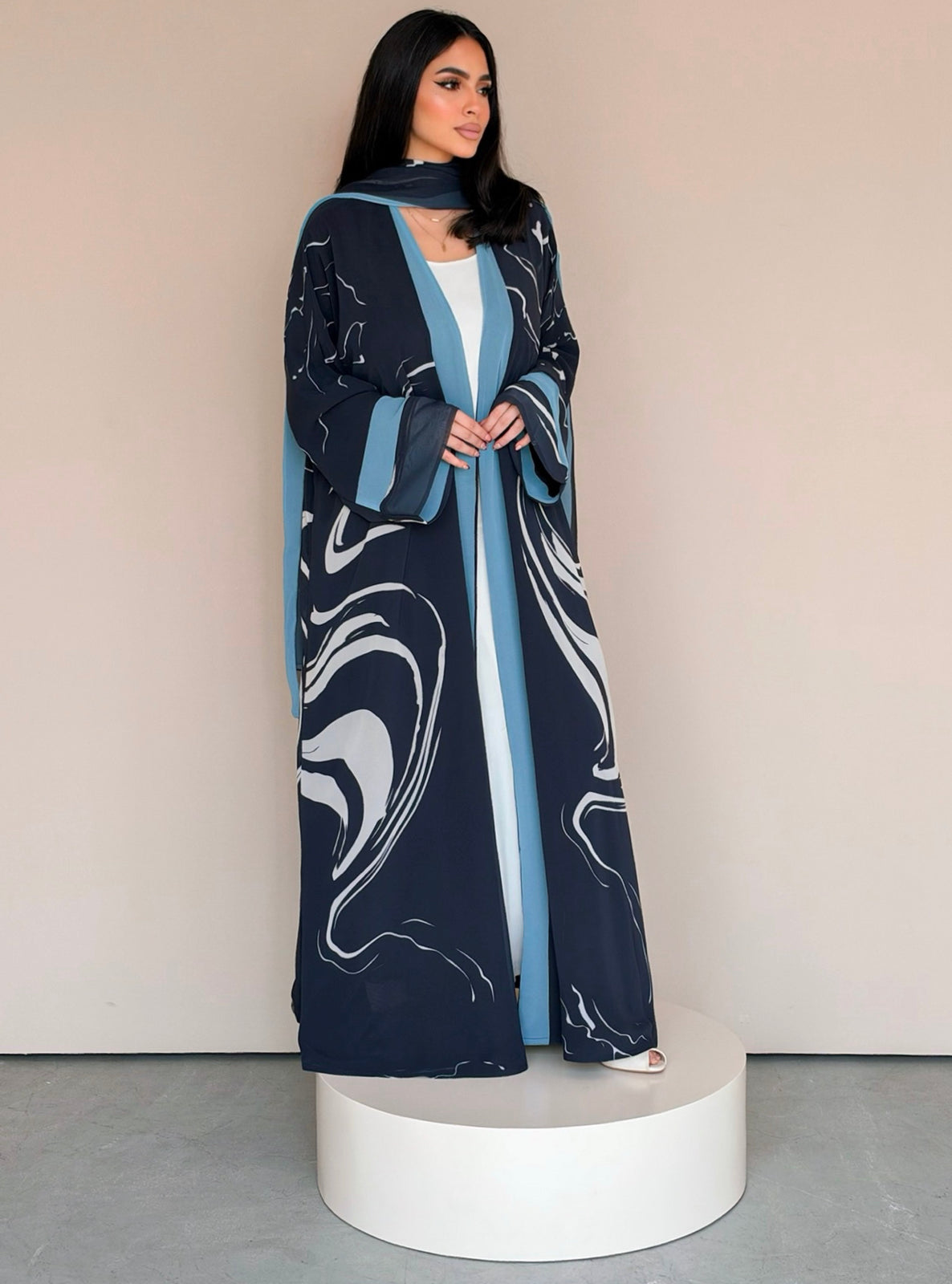 MEI787 - Swirl Print Half Bisht Abaya with Matching Headscarf