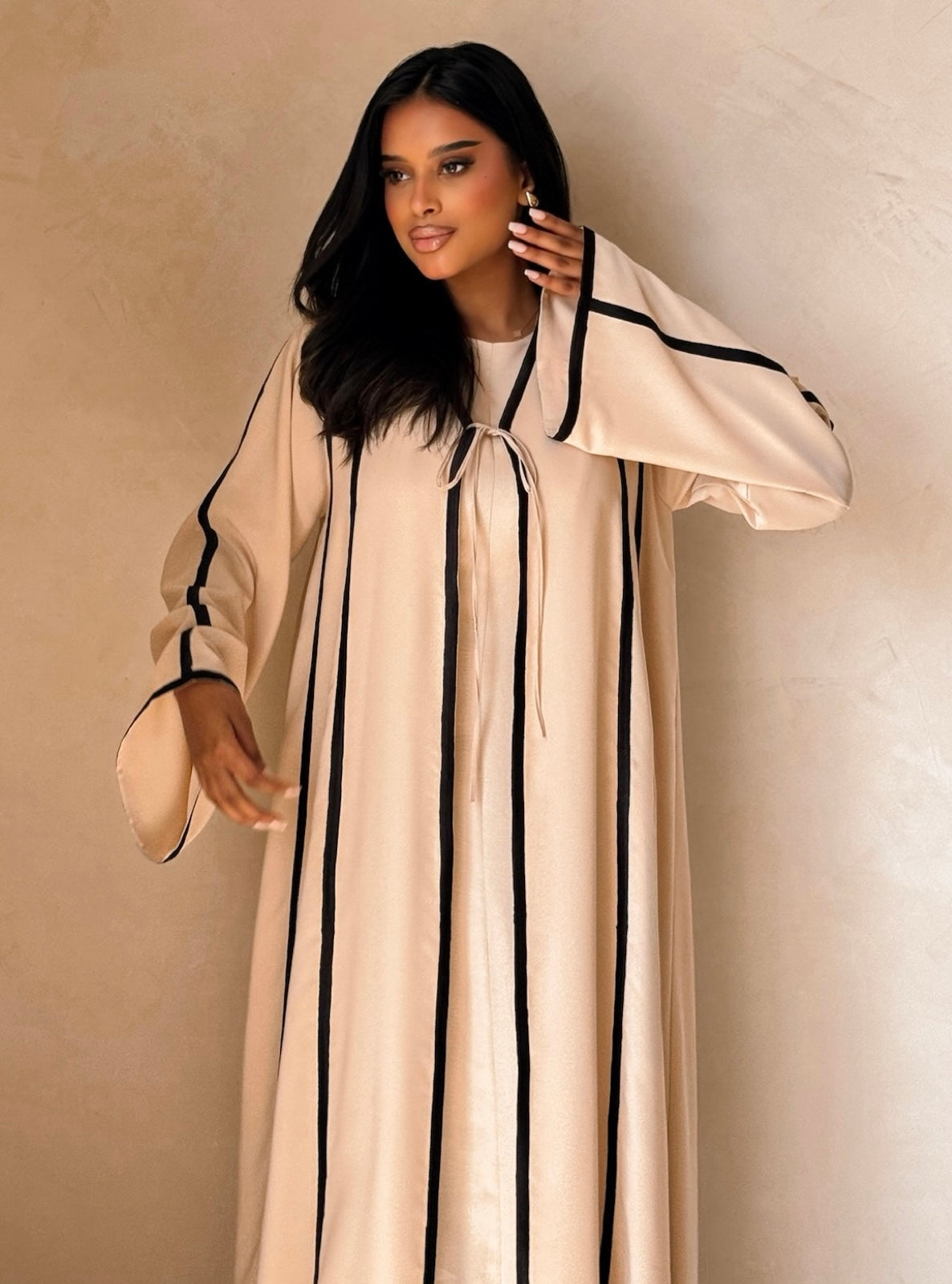 MEI736 - Beige A-Cut Abaya with Black Embroidery & Matching Headscarf