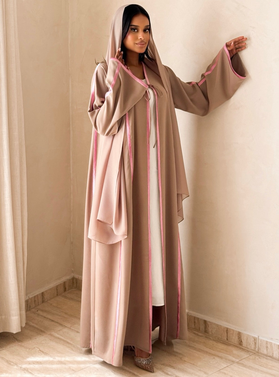 MEI737 - Dark Beige A-Cut Abaya with Pink Embroidery & Matching Headscarf