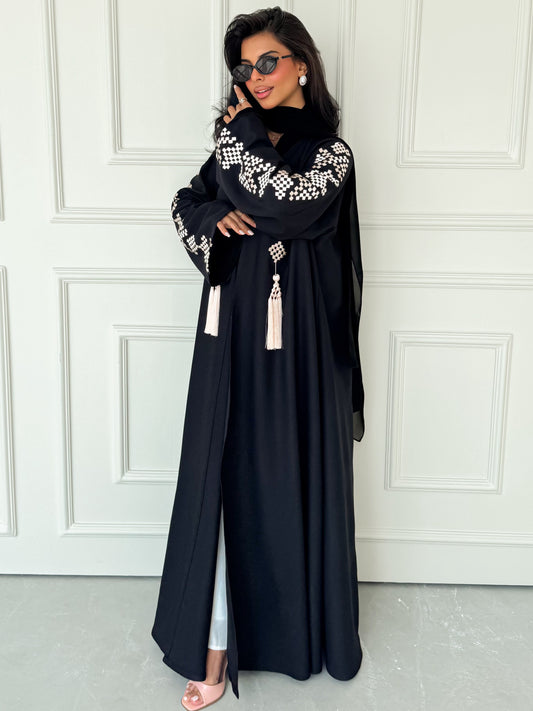 MEI621 - Black Abaya with Beige Embroidery