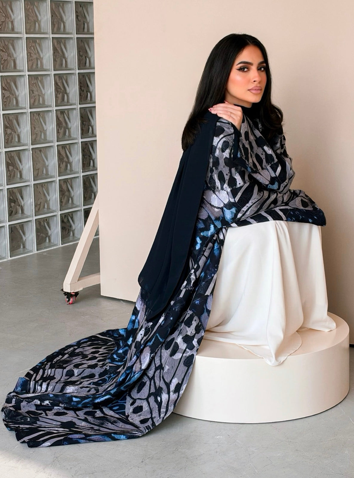 MEI786 - Mixed Prints Half Bisht Abaya with Matching Headscarf