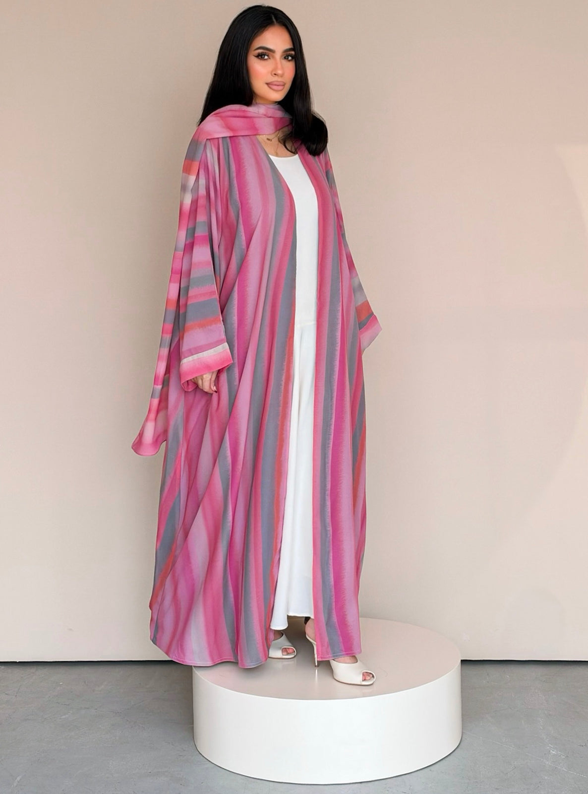 MEI784 - Striped Print Half Bisht Abaya with Matching Headscarf
