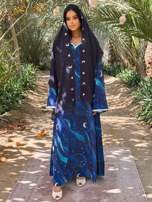 MEI709 - Navy Stars & Moon Embroidered Jalabiya with Headscarf