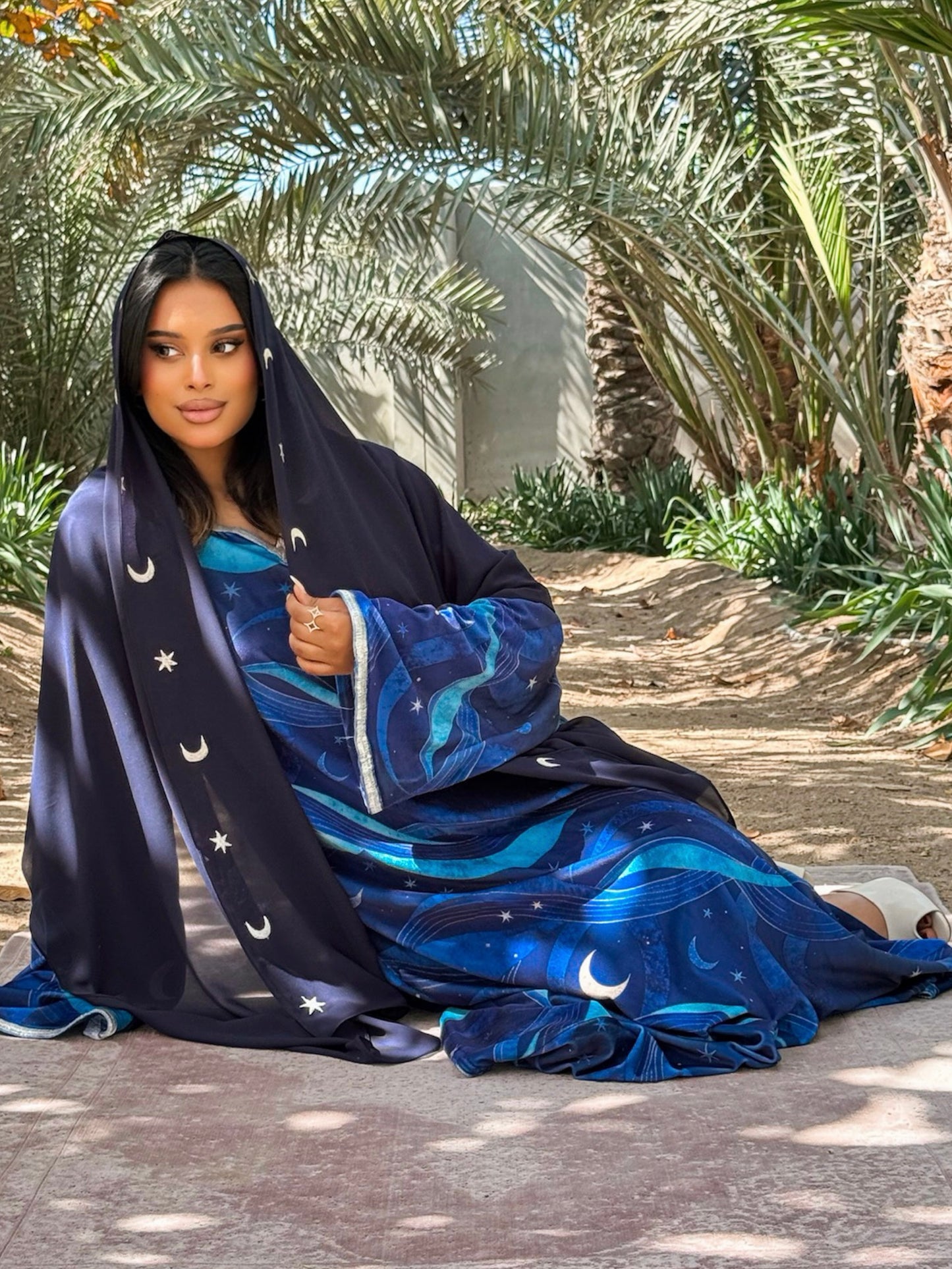 MEI709 - Navy Stars & Moon Embroidered Jalabiya with Headscarf