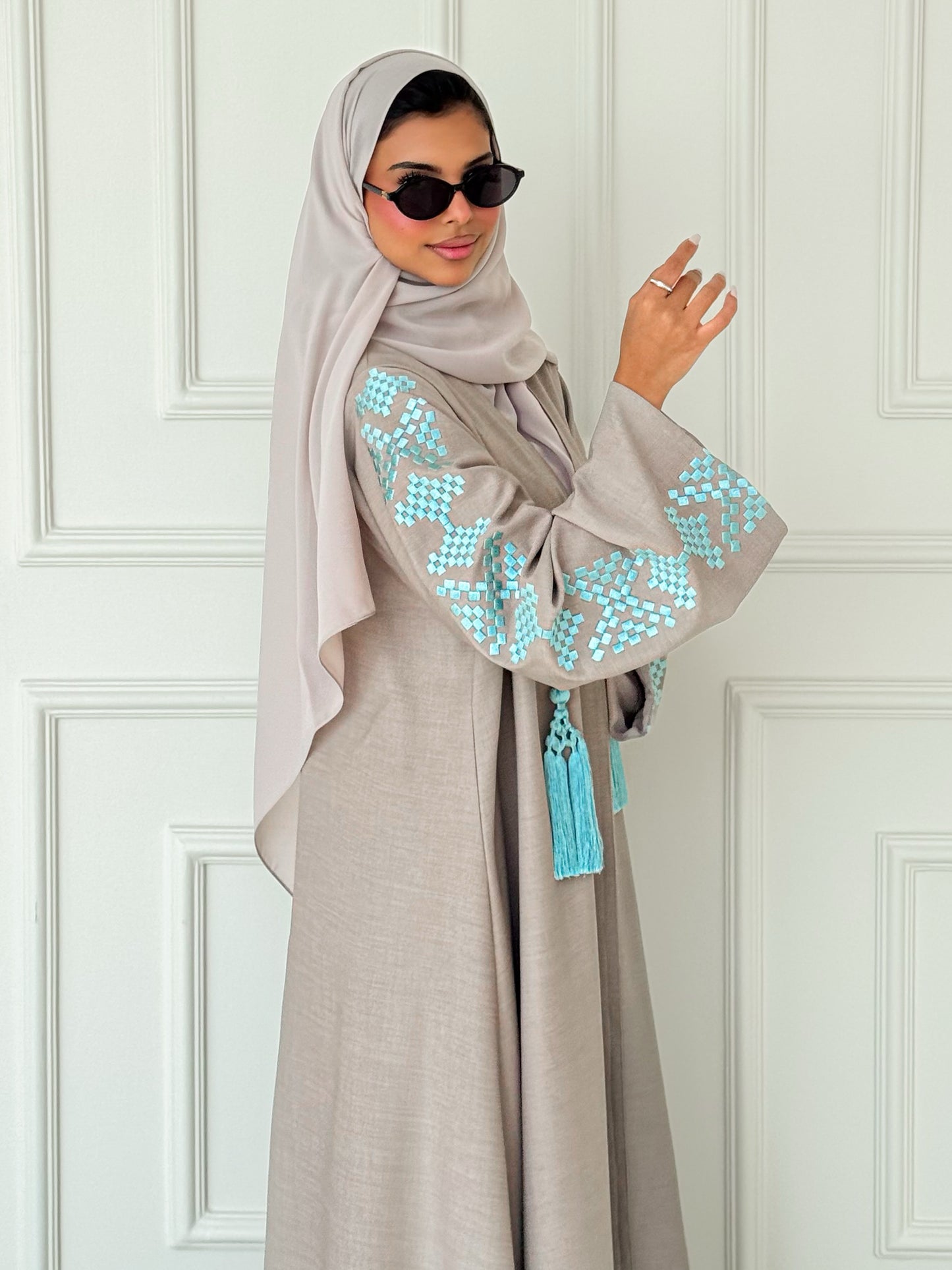 MEI622 - Beige Abaya with Light Turquoise Embroidery