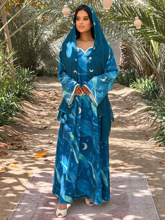 MEI707 - Teal Stars & Moon Embroidered Jalabiya with Headscarf