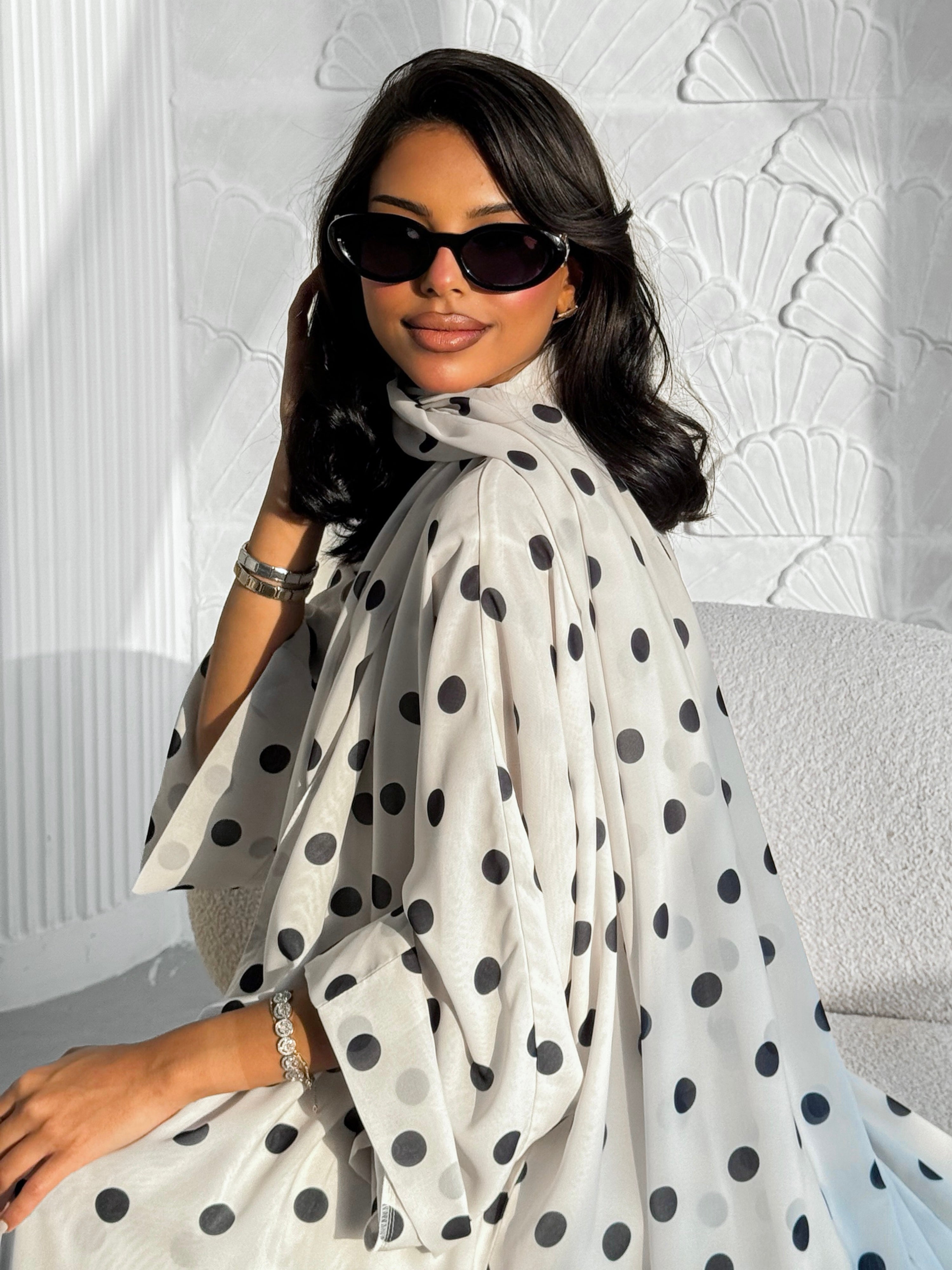 MEI613 - Polka Dots Abaya in Off White