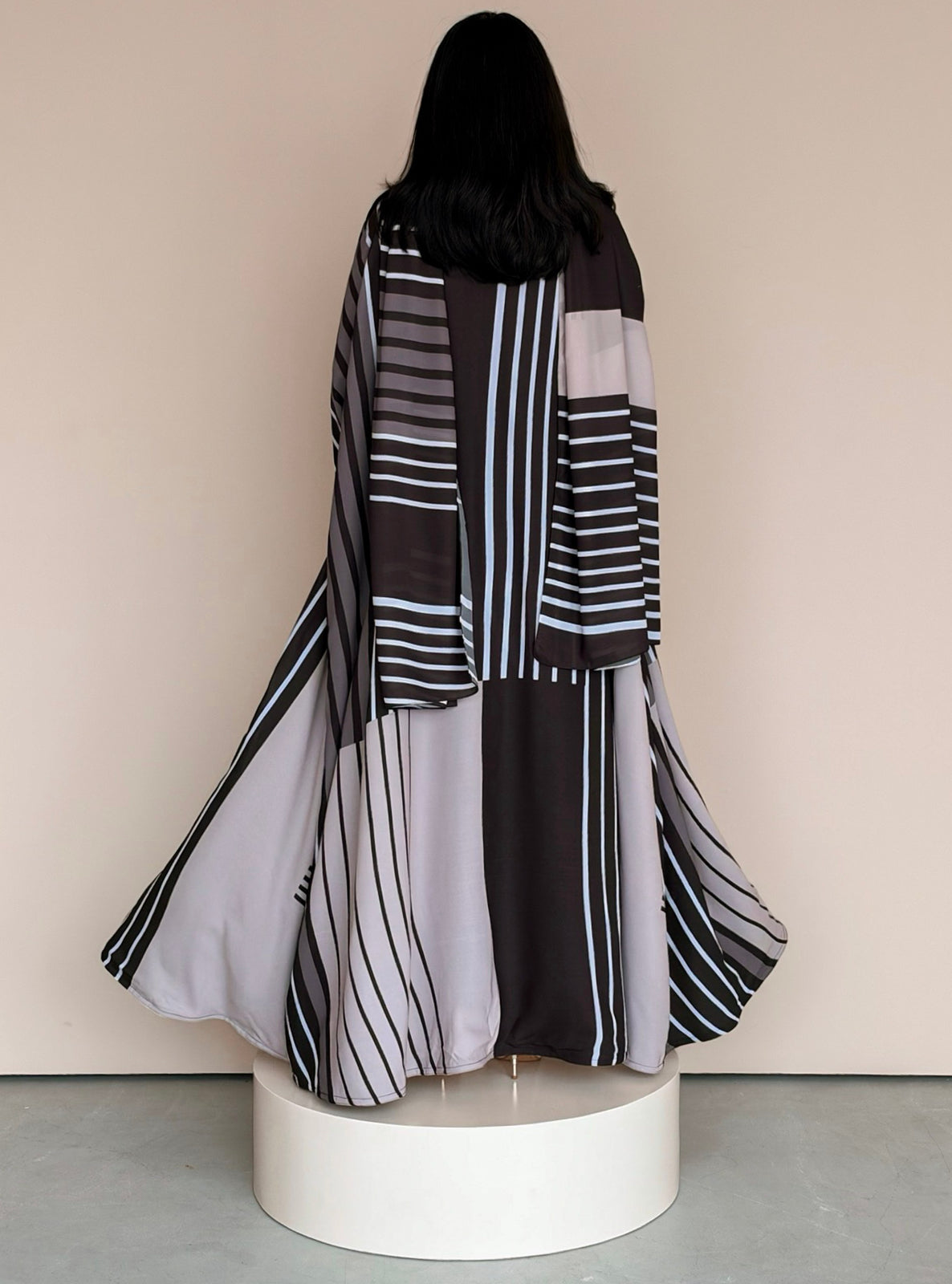 MEI788 - Stripes Print Half Bisht Abaya with Matching Headscarf