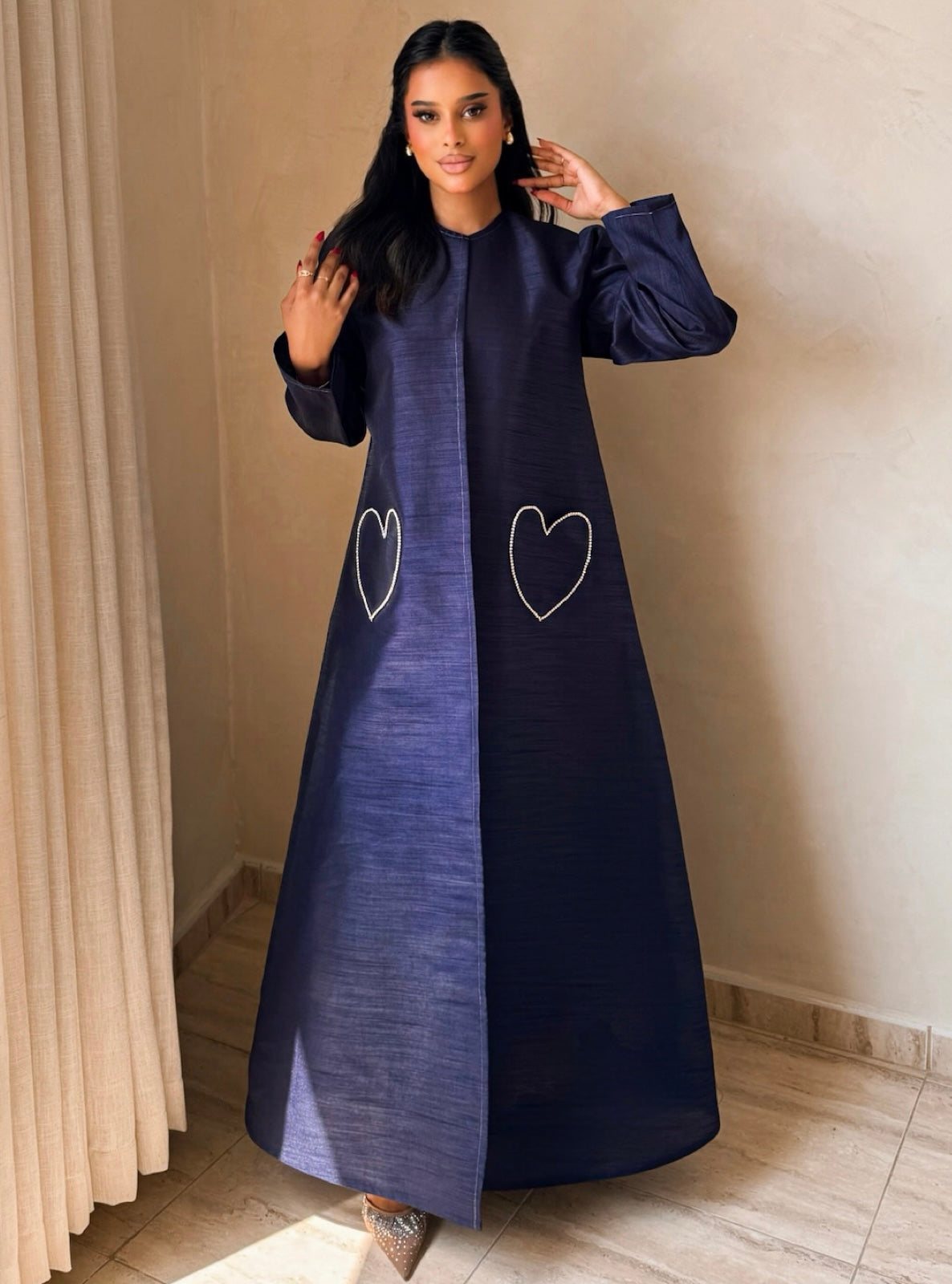 MEI728 - Navy A-Cut Taffeta & Crystals Abaya with Headscarf