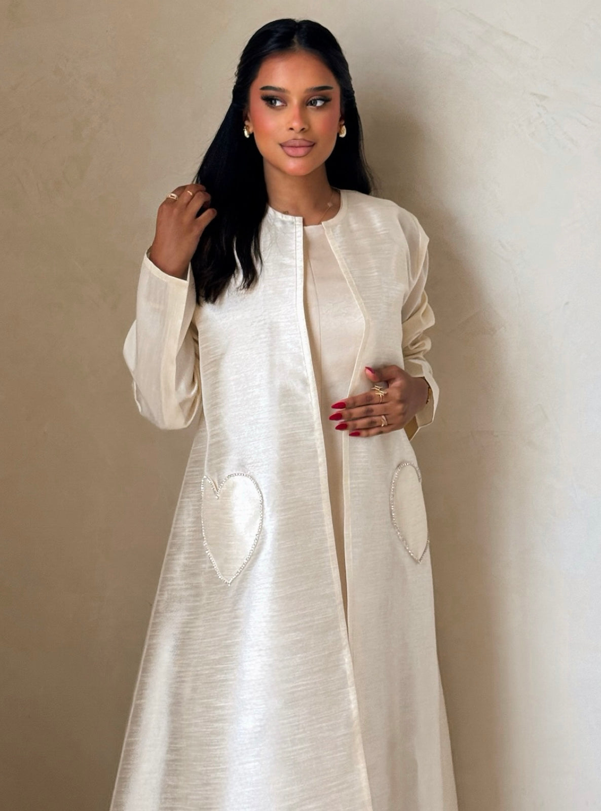 MEI729 - Off White A-Cut Taffeta & Crystals Abaya with Headscarf