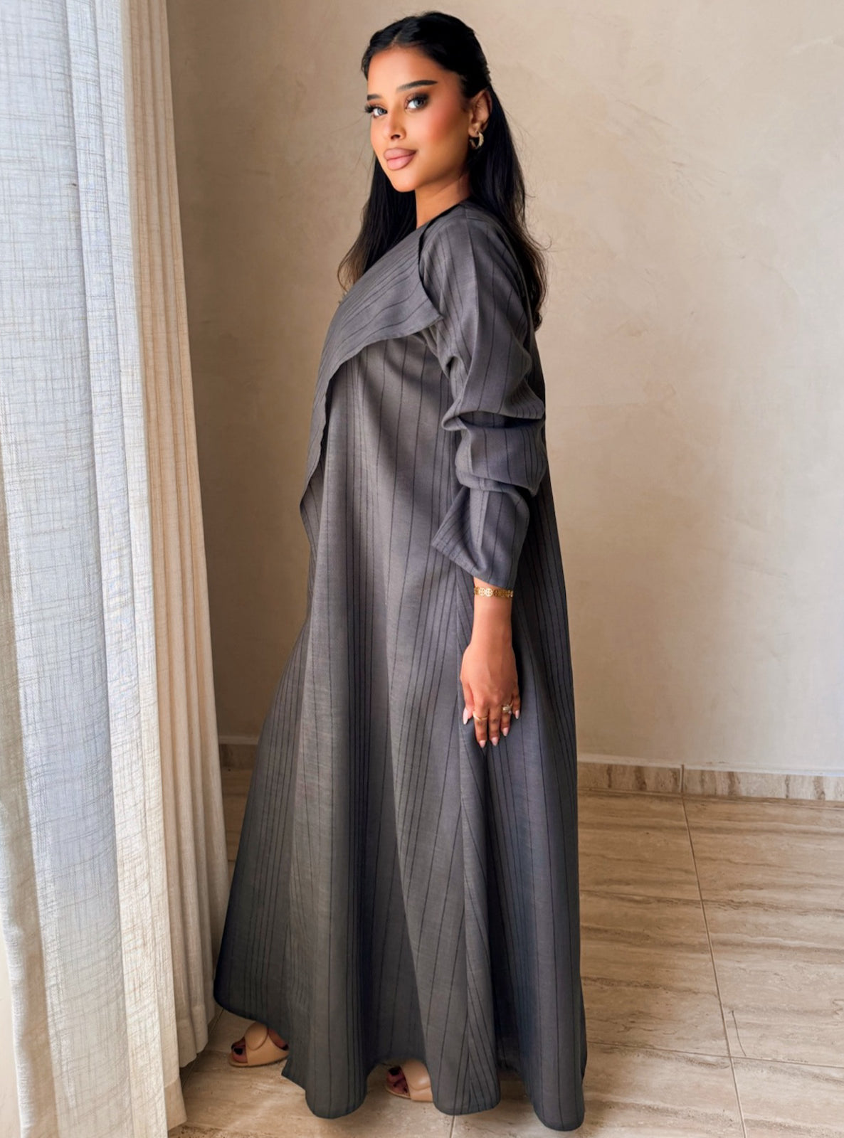 MEI747 - Striped Dark Grey A-Cut Linen Abaya with Matching Headscarf