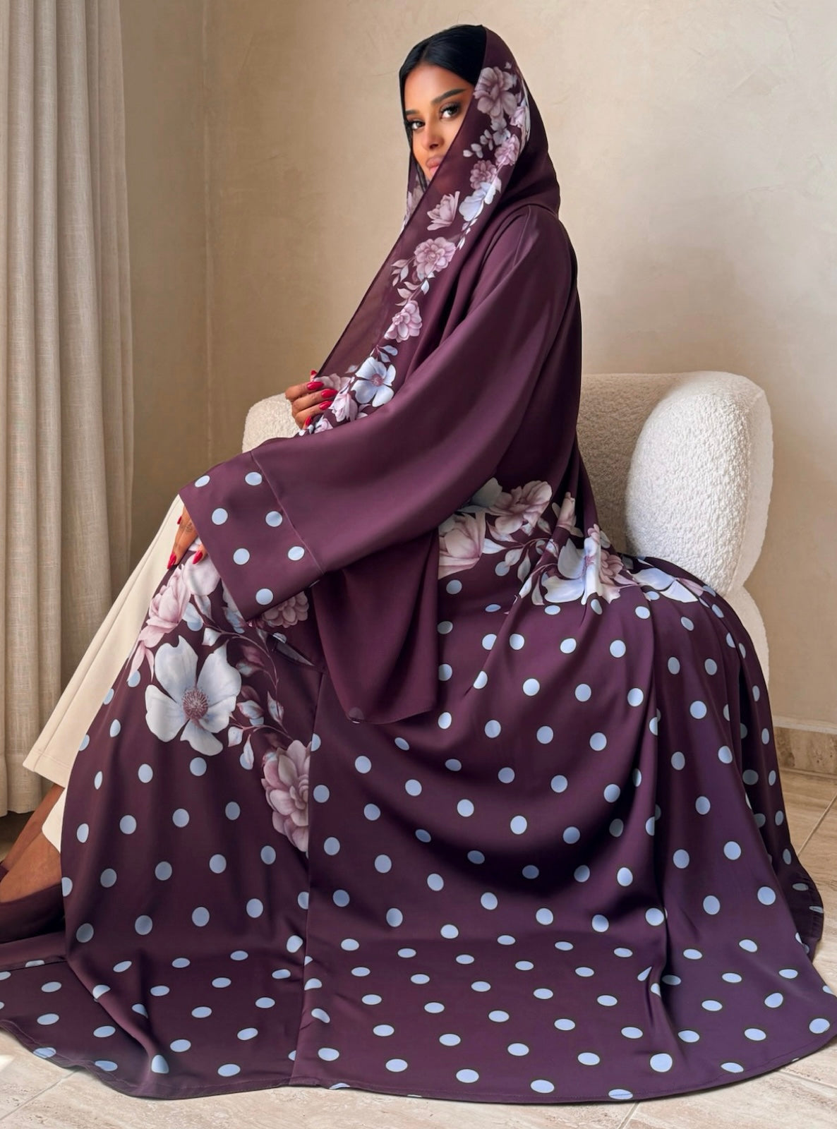 MEI742 - Plum Half Bisht Polka Floral Abaya with Matching Headscarf