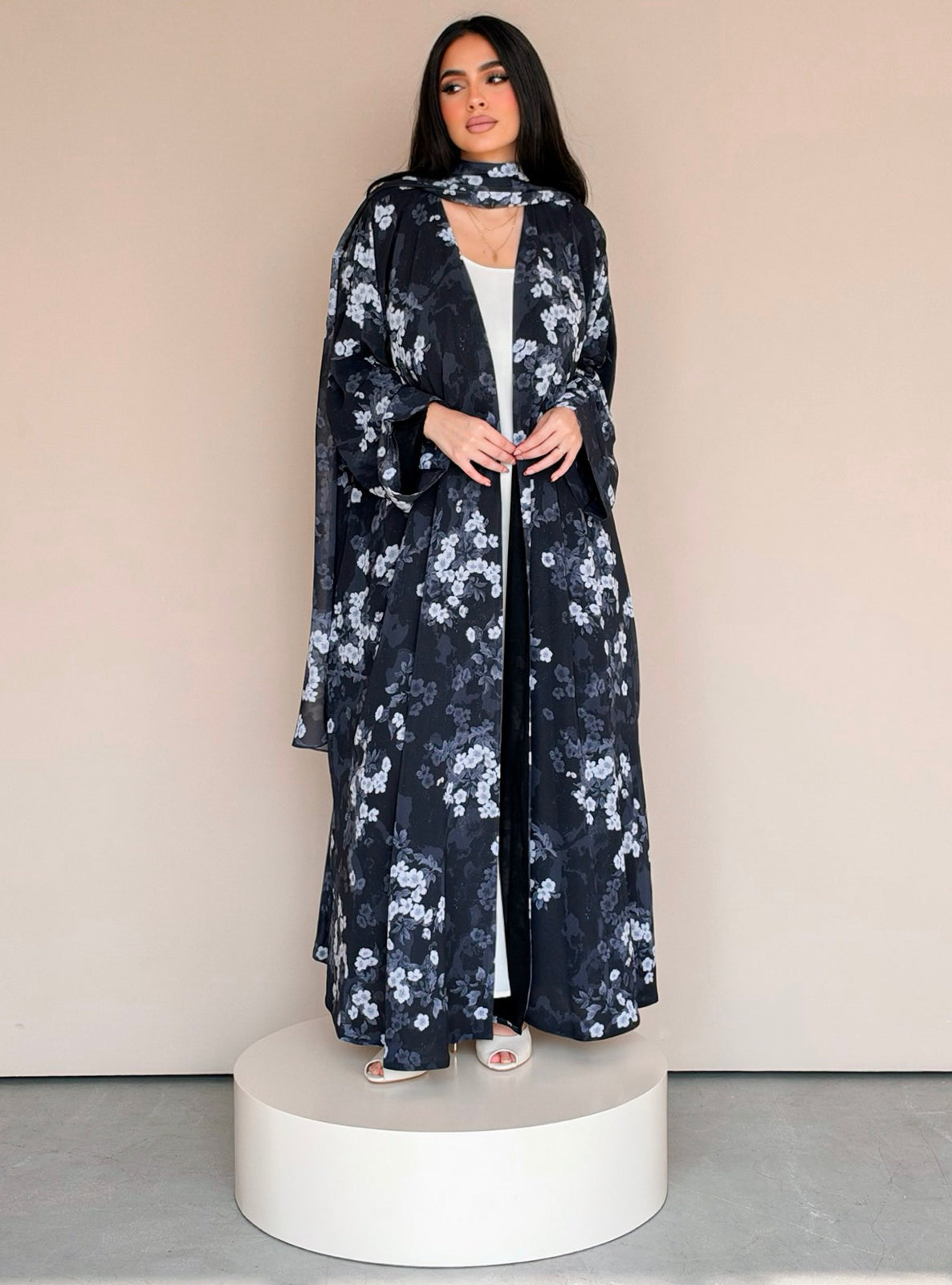 MEI777 - Floral Print Half Bisht Abaya with Matching Headscarf