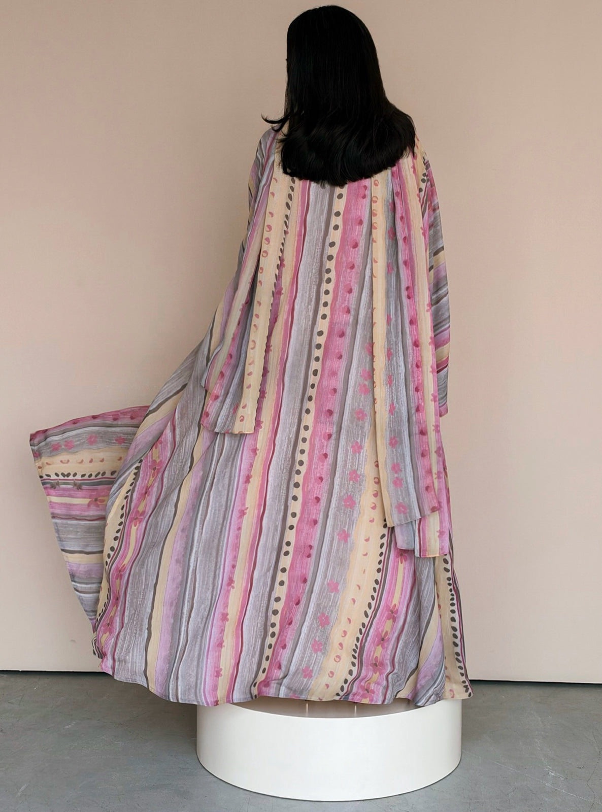 MEI785 - Floral & Stripes Print Half Bisht Abaya with Matching Headscarf